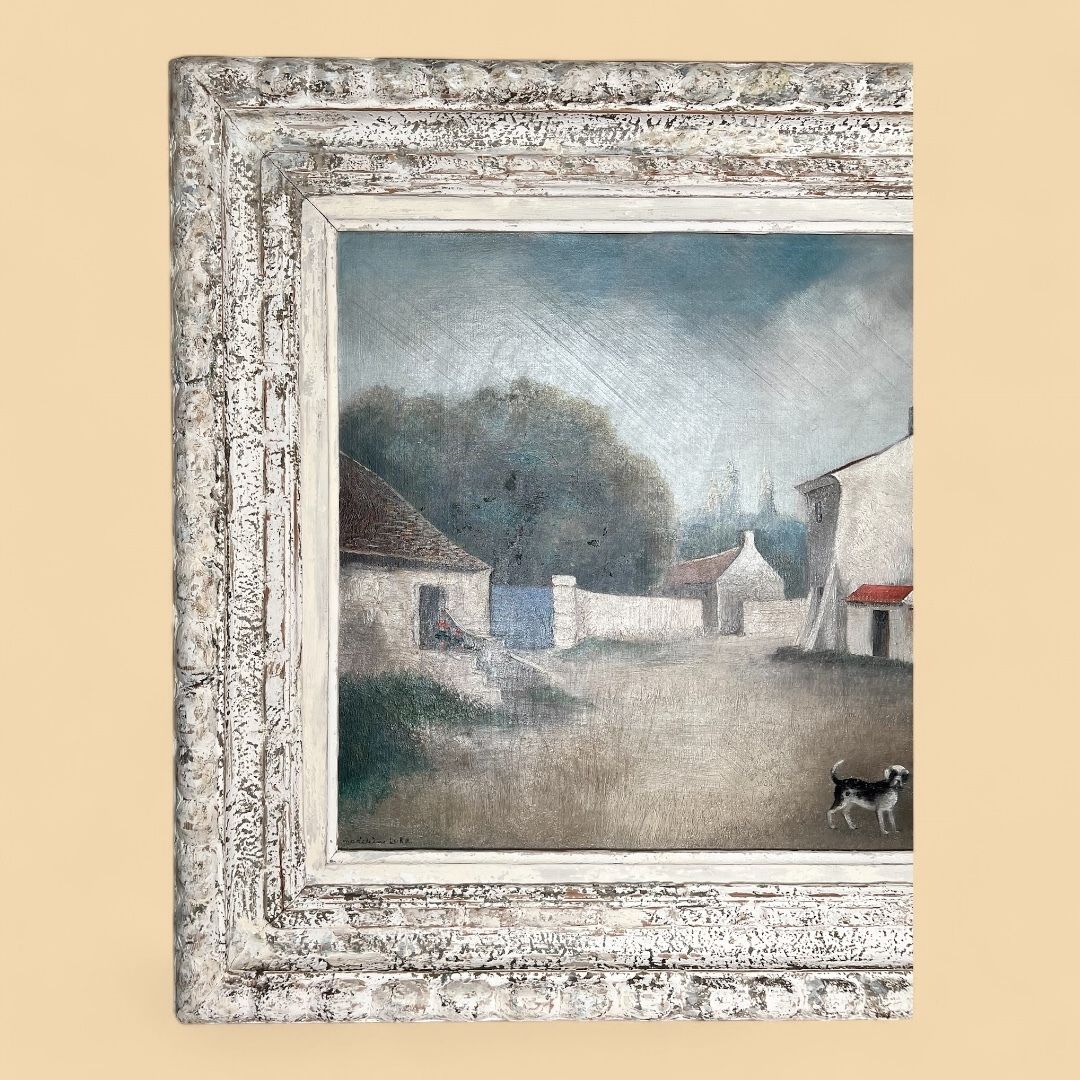 Dog And Houses, Oil On Canvas Landscape Painting photo for sale