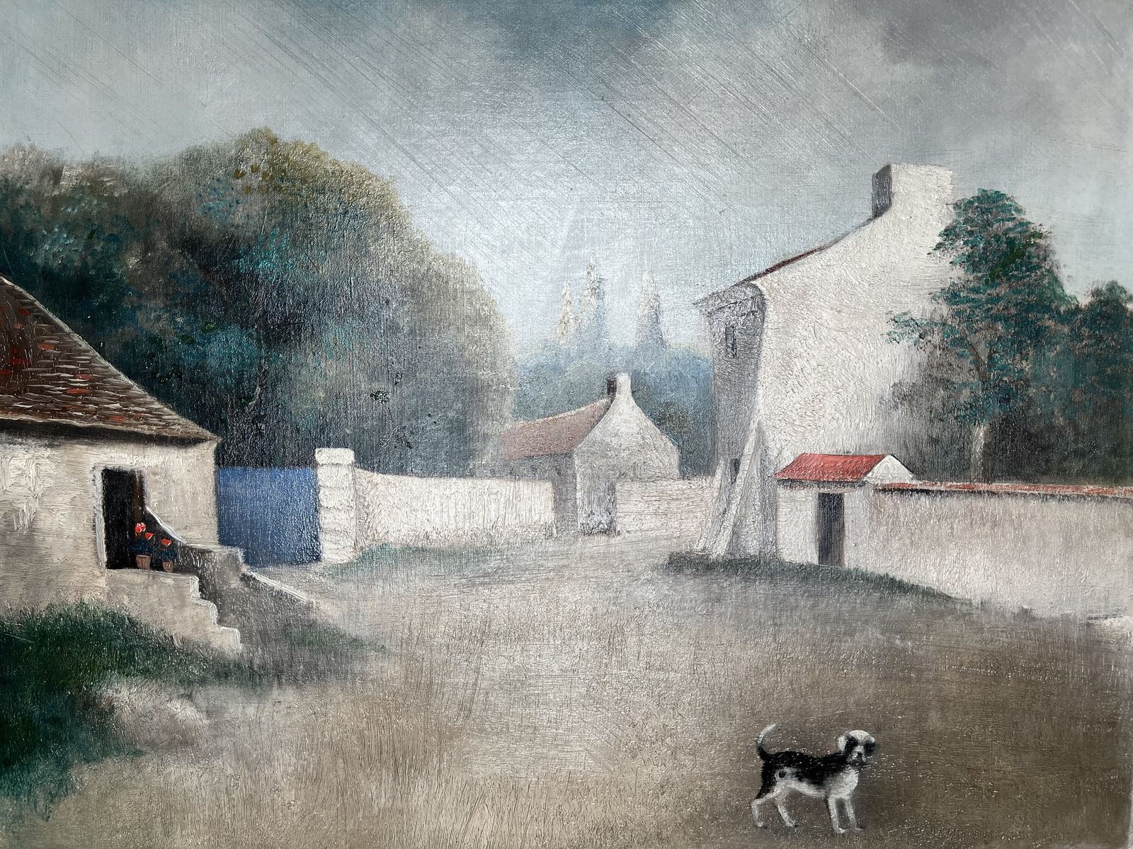 Dog And Houses, Oil On Canvas Landscape Painting photo Art
