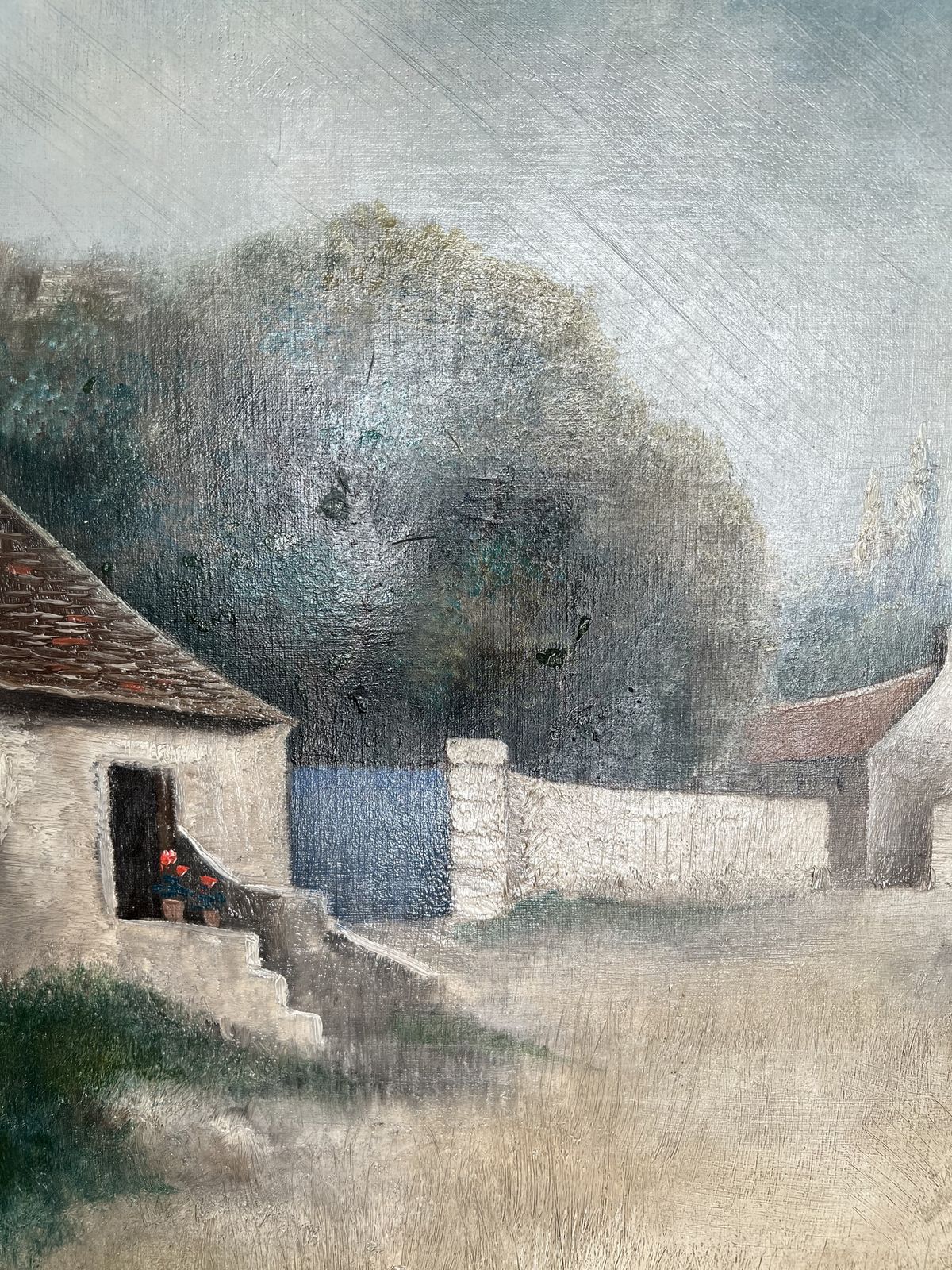Dog And Houses, Oil On Canvas Landscape Painting photo buy