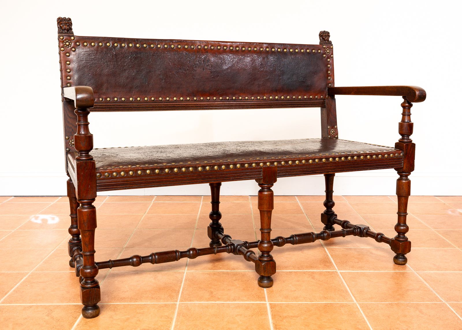 Antique Spanish Colonial Oak Leather Bench Studded Brass Country House Renaissance Revival Baronial 1890 Three Seater