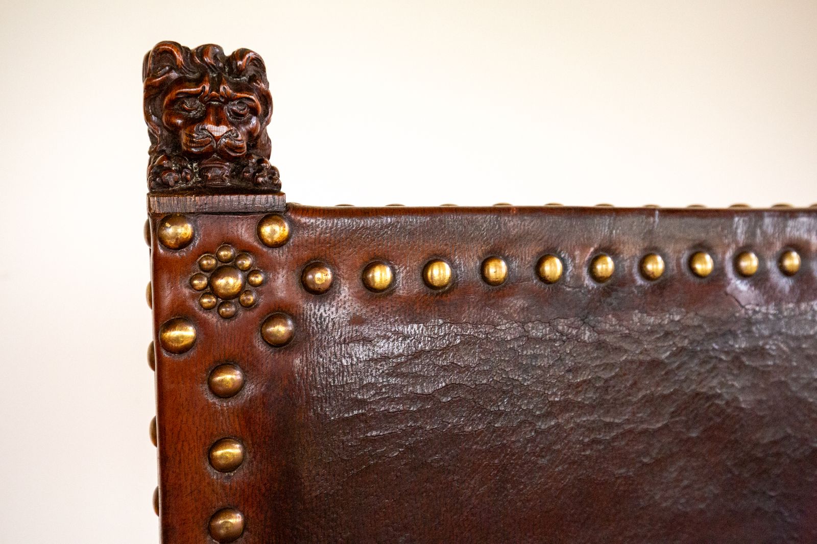 Antique Spanish Colonial Oak Leather Bench Studded Brass Country House Renaissance Revival Baronial 1890 Three Seater photo for sale