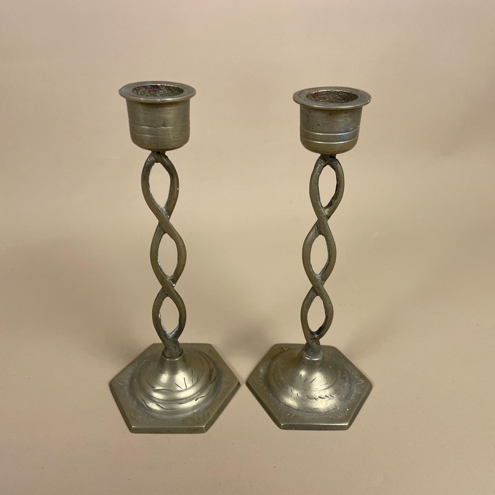Antique Matching Pair Of Gold Brass Metal Candlestick Candle Stick Vintage Column Taper Dinner Candlesticks Hexagon Base Column Table Indian photo for sale
