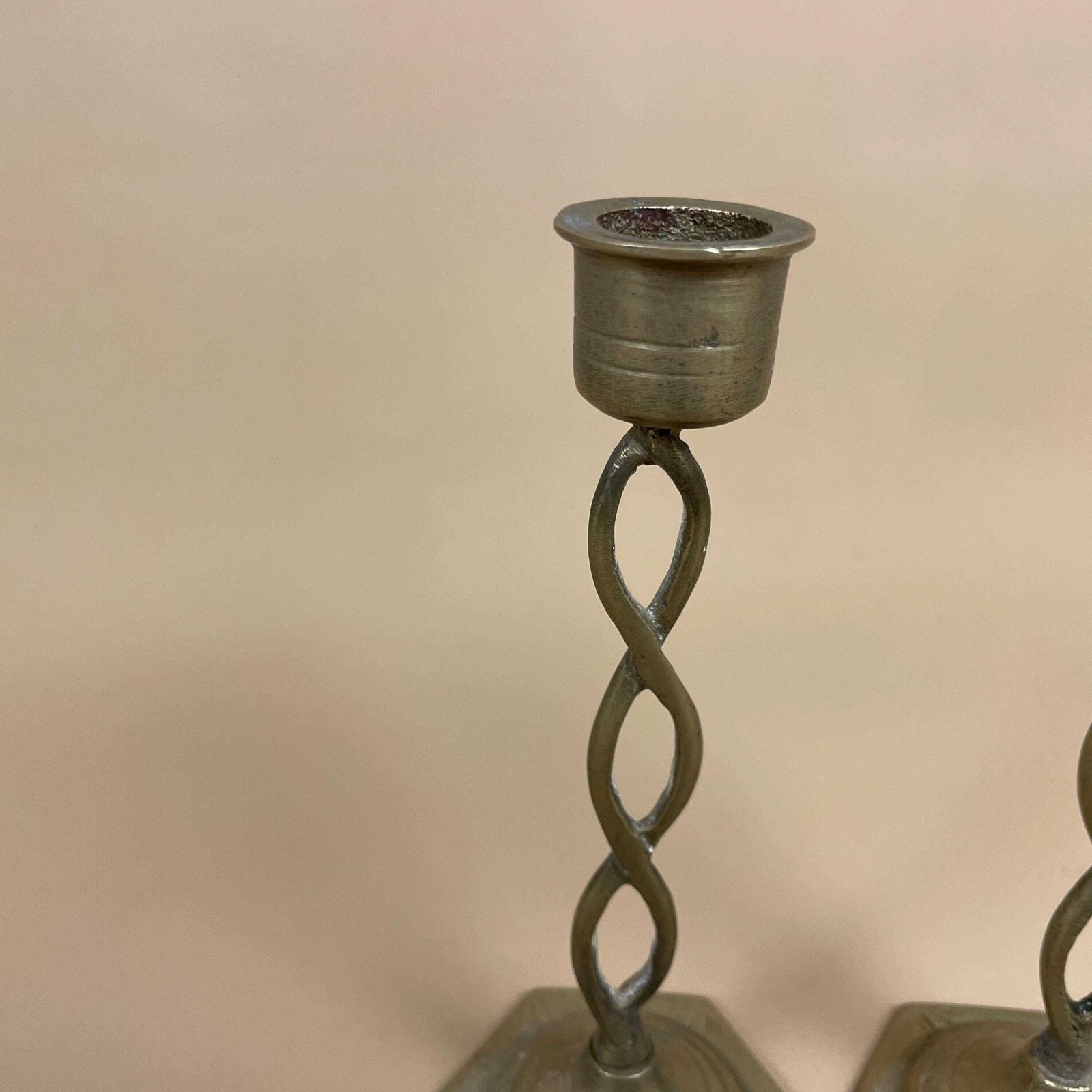 Antique Matching Pair Of Gold Brass Metal Candlestick Candle Stick Vintage Column Taper Dinner Candlesticks Hexagon Base Column Table Indian photo vinterior