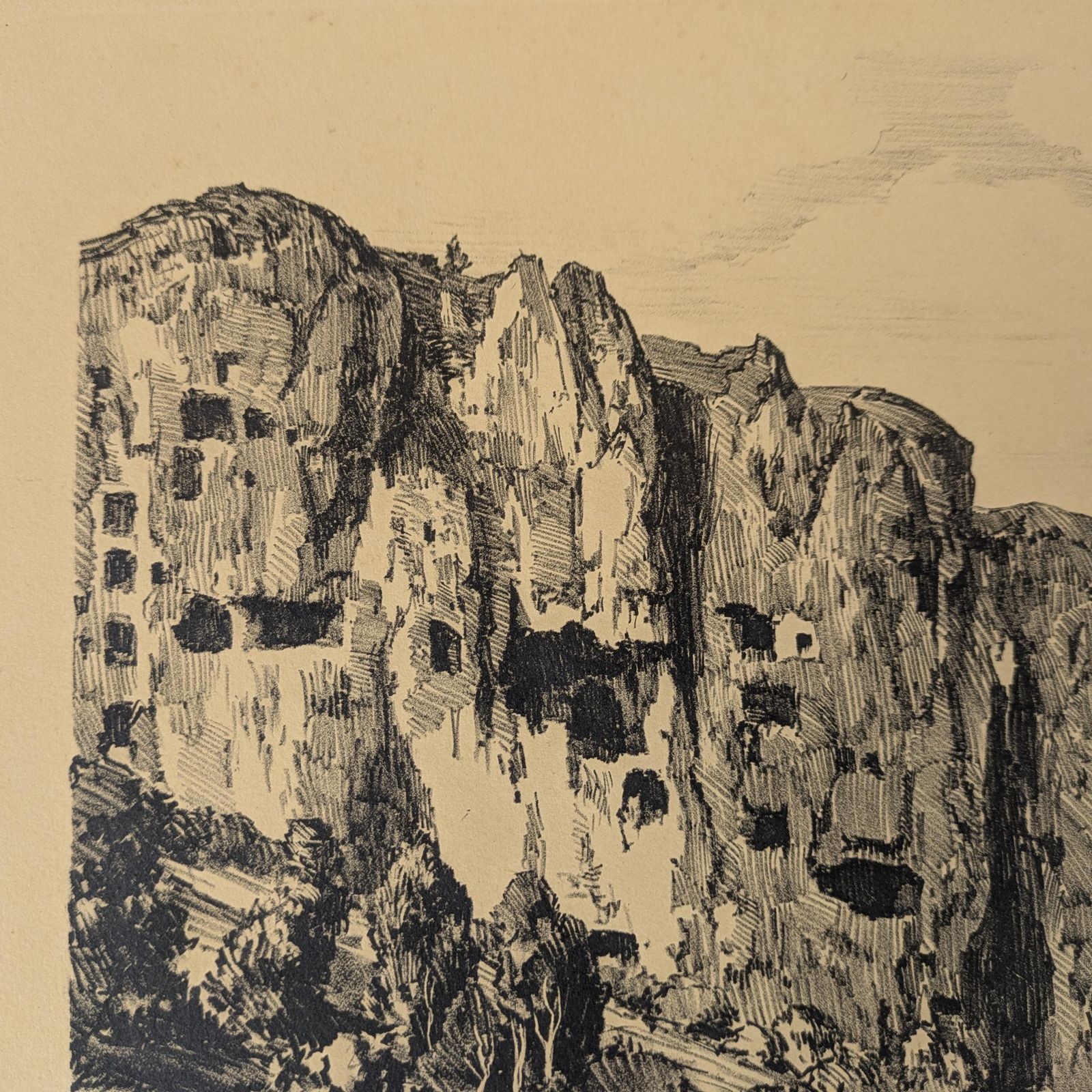 Antique Julien Lacaze Engraving Of Exterior Of The Jonas Caves France, Signed French Art Print photo vinterior