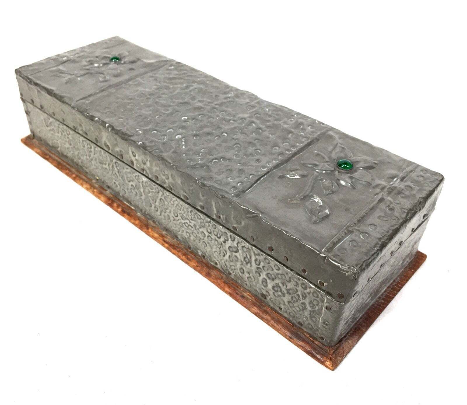 Antique Arts & Crafts Hammered Pewter Flower Trinket Box   Cabochon Inlay C.1910 photo furniture