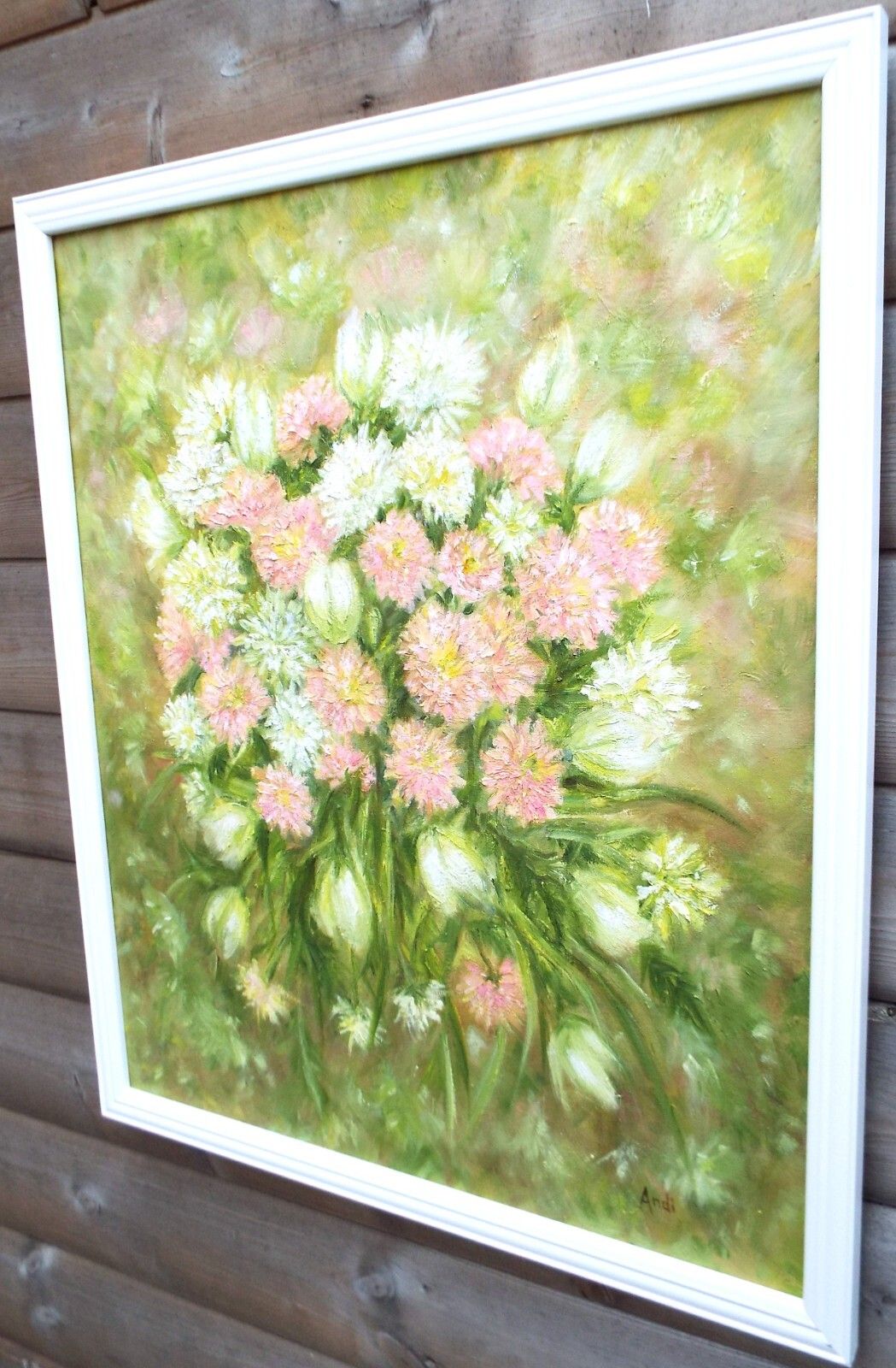 New Large Framed Original  Oil Painting Floral Pink & White Flowers Andi J Lucas photo furniture