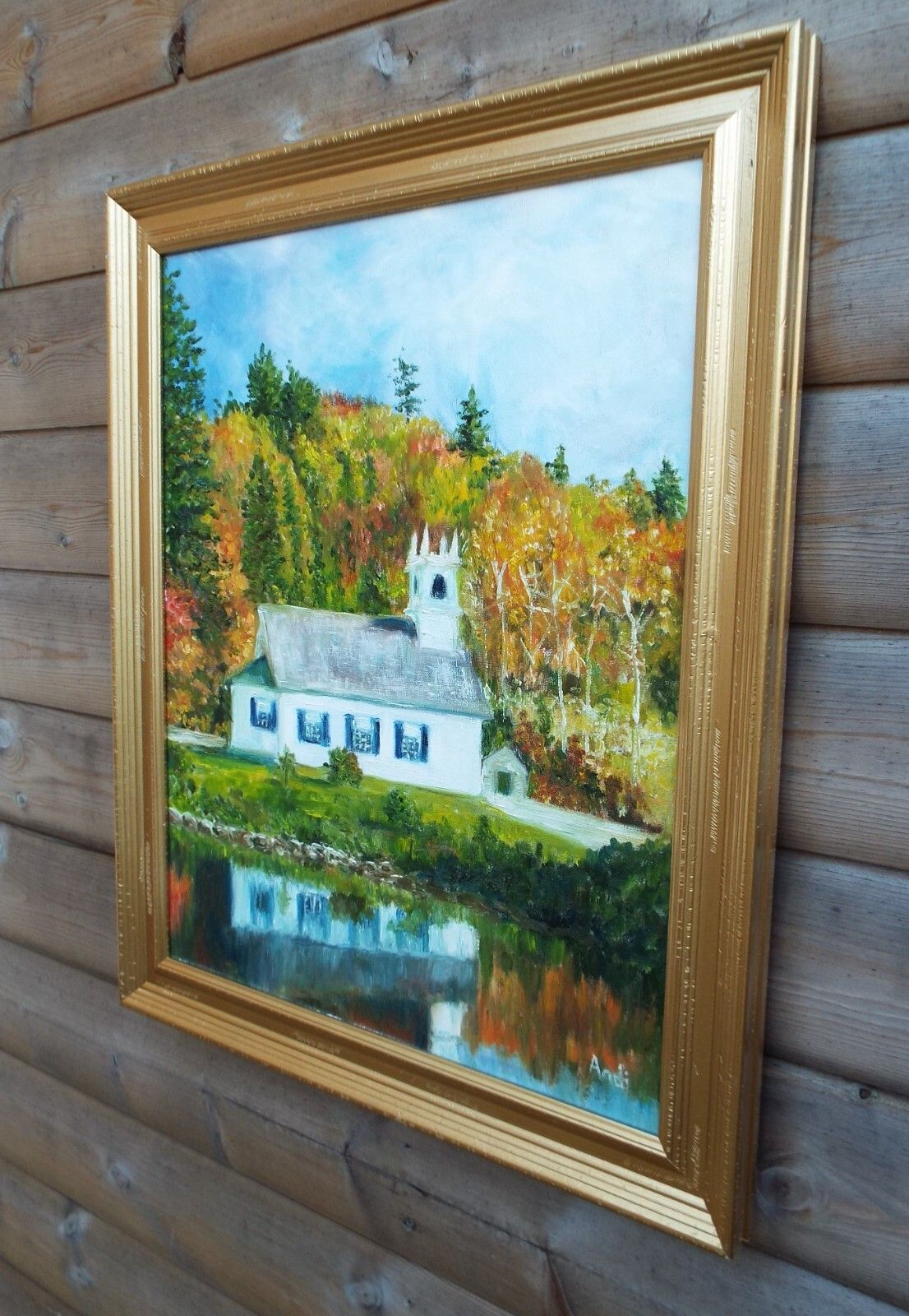 Vermont Church Autumn Forest Landscape Oil Painting Signed Framed Andi J Lucas photo vintage