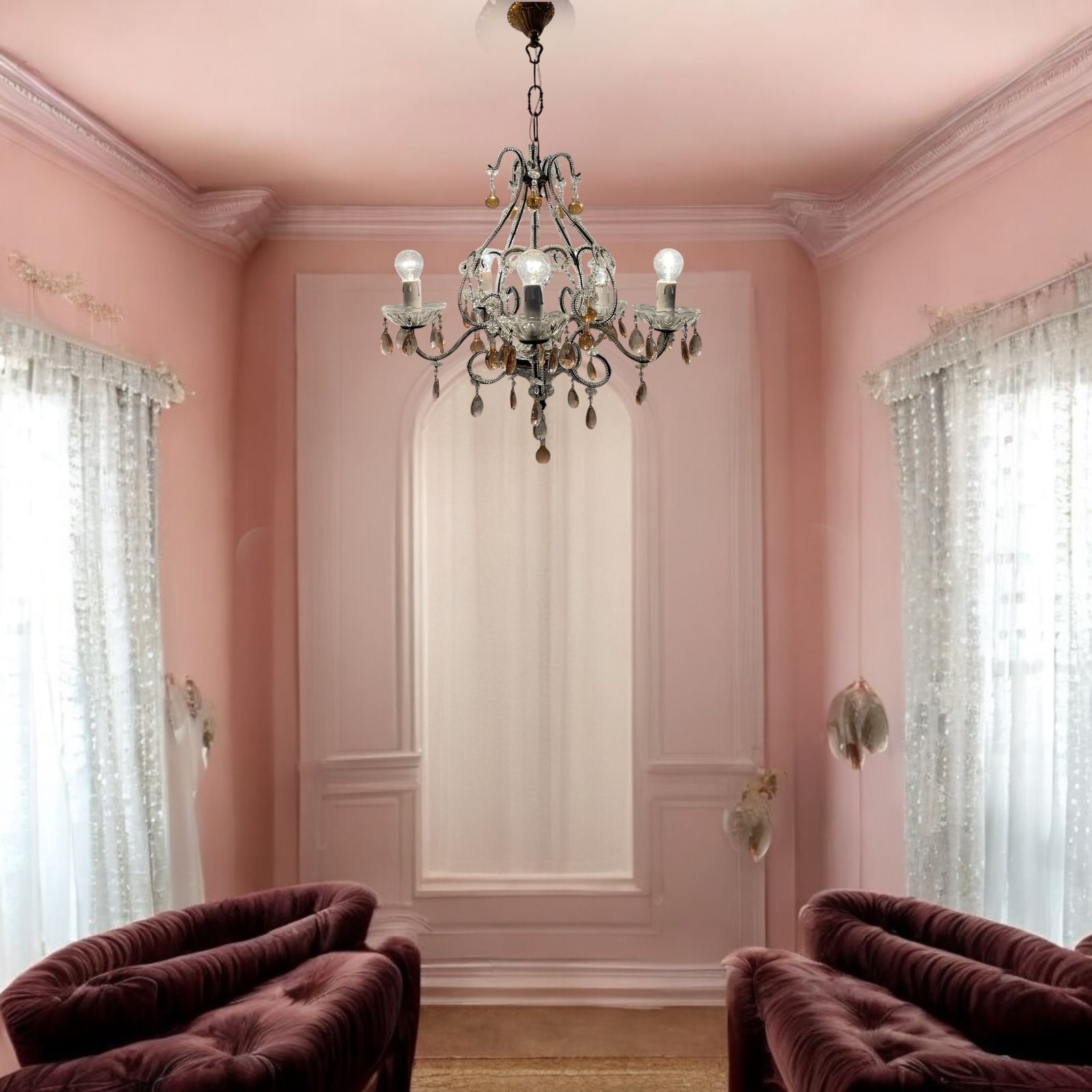 Pink Murano Glass Crystal Beaded Chandelier 1960’s photo for sale