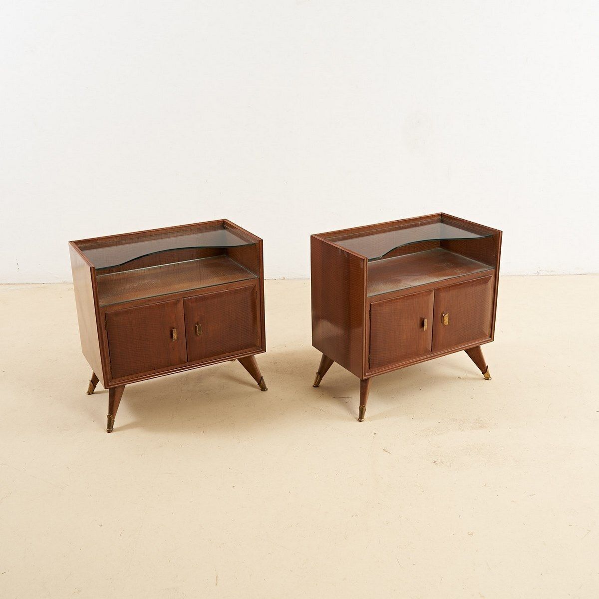 Pair Of Wooden Bedside Tables With Glass Shelf From The 50s