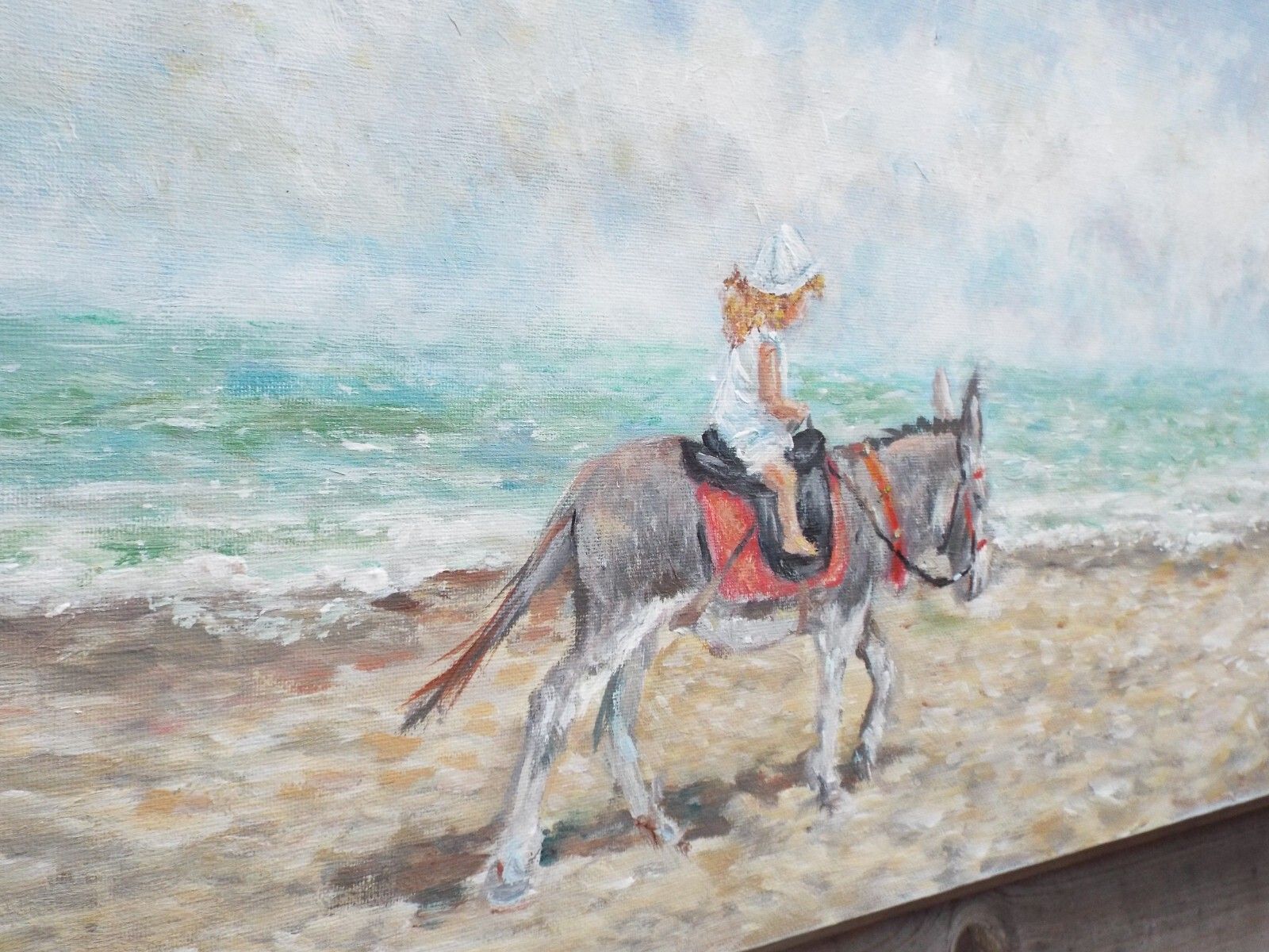 Original Signed Painting Donkey & Child On Beach Seascape  30x80cm Andi J Lucas photo buy