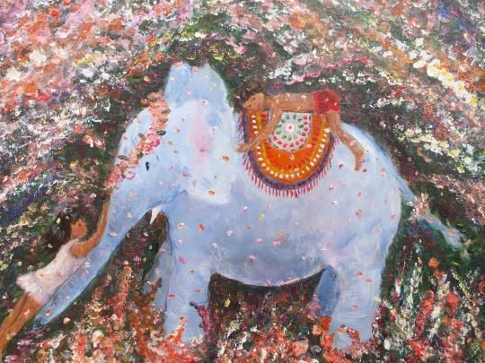 Cute Indian Elephant And Children Playing Large Original Painting Andi J Lucas photo furniture