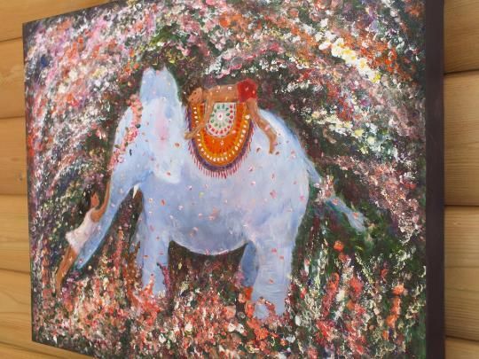 Cute Indian Elephant And Children Playing Large Original Painting Andi J Lucas photo for sale