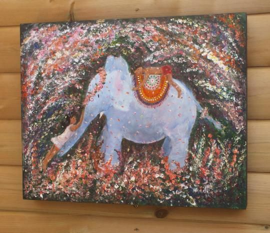 Cute Indian Elephant And Children Playing Large Original Painting Andi J Lucas photo vinterior