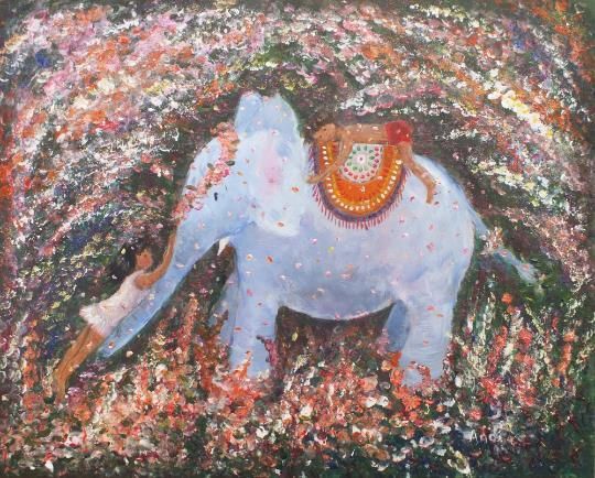 Cute Indian Elephant And Children Playing Large Original Painting Andi J Lucas photo buy