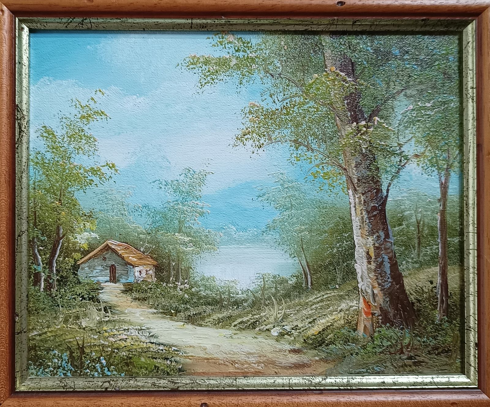 Decorative Oil Painting Mountain Lakeside Cabin Vista Framed In Wooden Frame. photo furniture