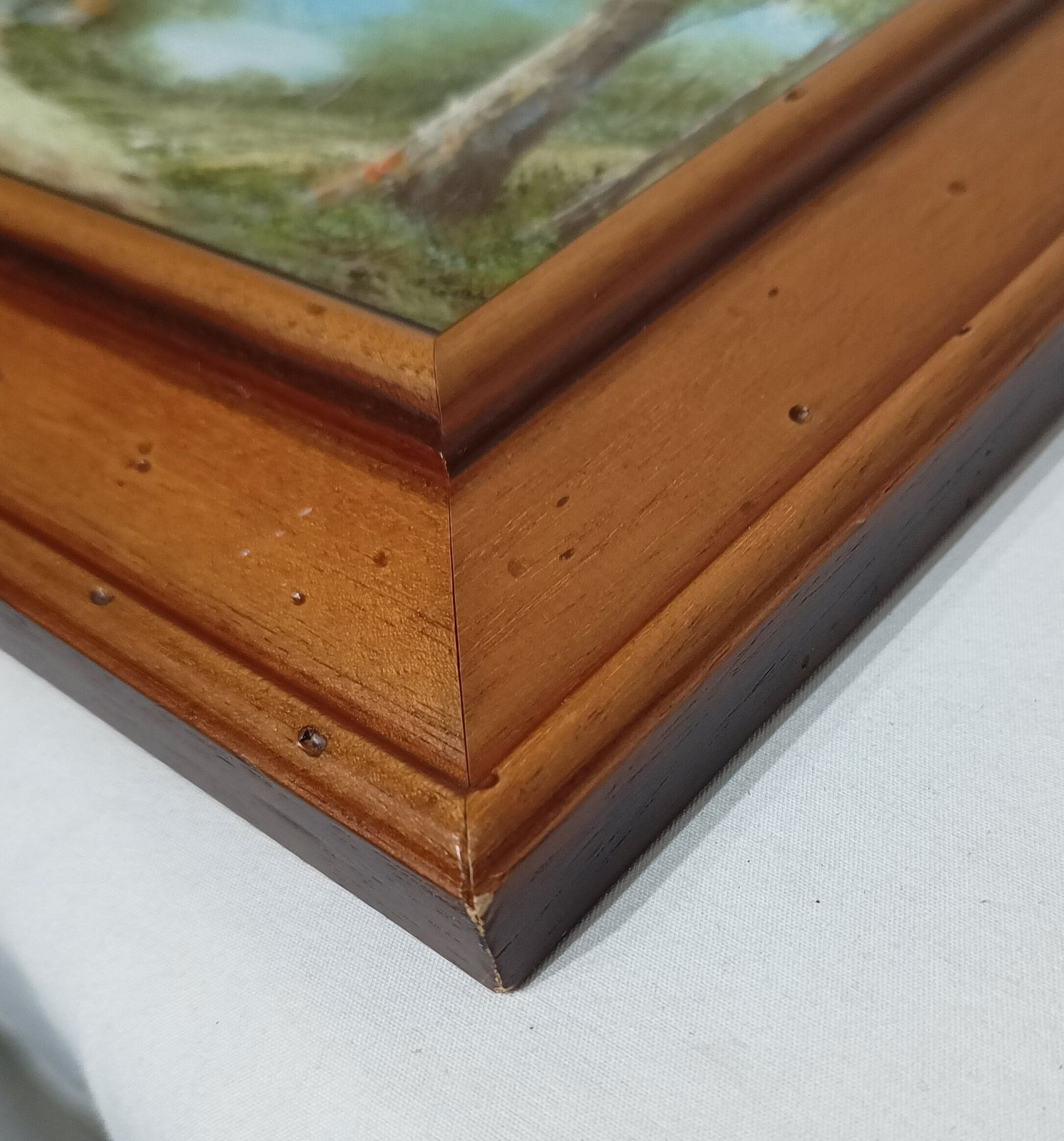Decorative Oil Painting Mountain Lakeside Cabin Vista Framed In Wooden Frame. photo buy