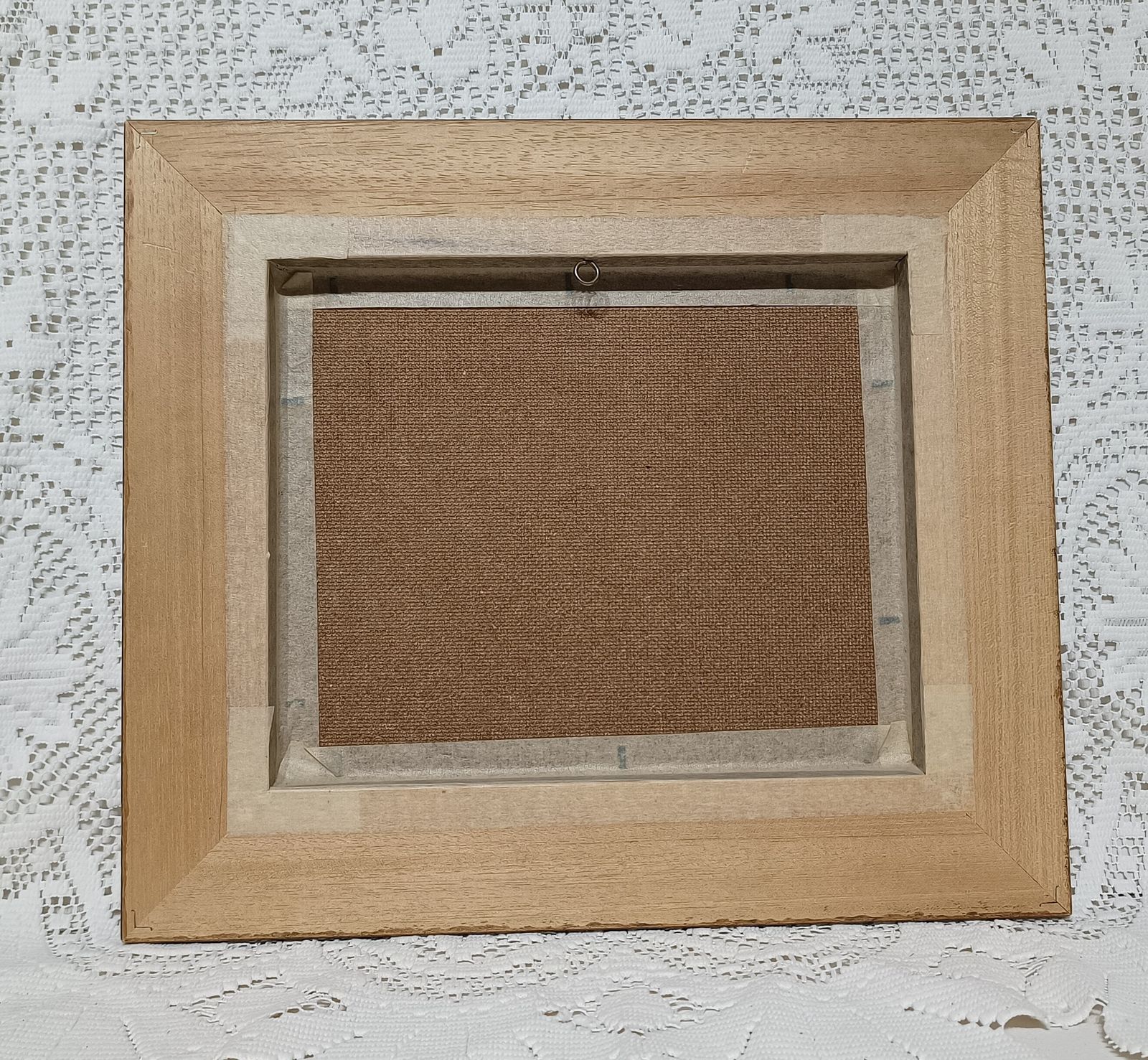 photo for sale Decorative Oil Painting Mountain Lakeside Cabin Vista Framed In Wooden Frame.