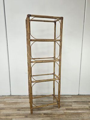 Wicker And Bamboo Bookcase With Glass Shelves, 1970s photo for sale