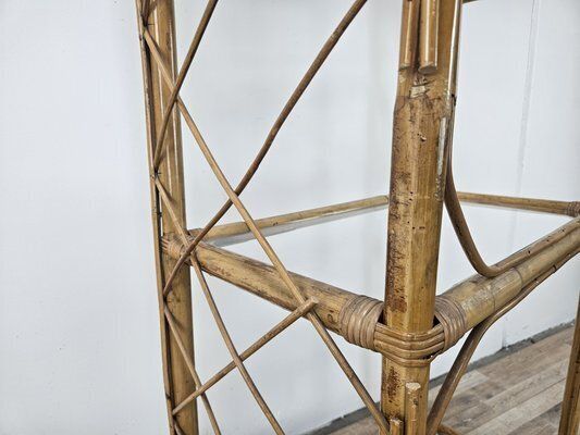 Wicker And Bamboo Bookcase With Glass Shelves, 1970s photo vintage