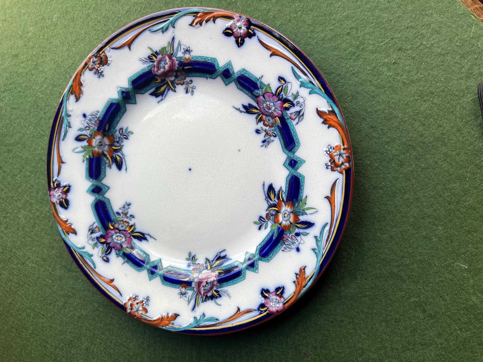 Antique Dinner Serving Plate. Floral Design Blue Red Flowers Victorian Pre 1883 Stamped Kinburn Attributed To Wh Brownfield And Sons.H