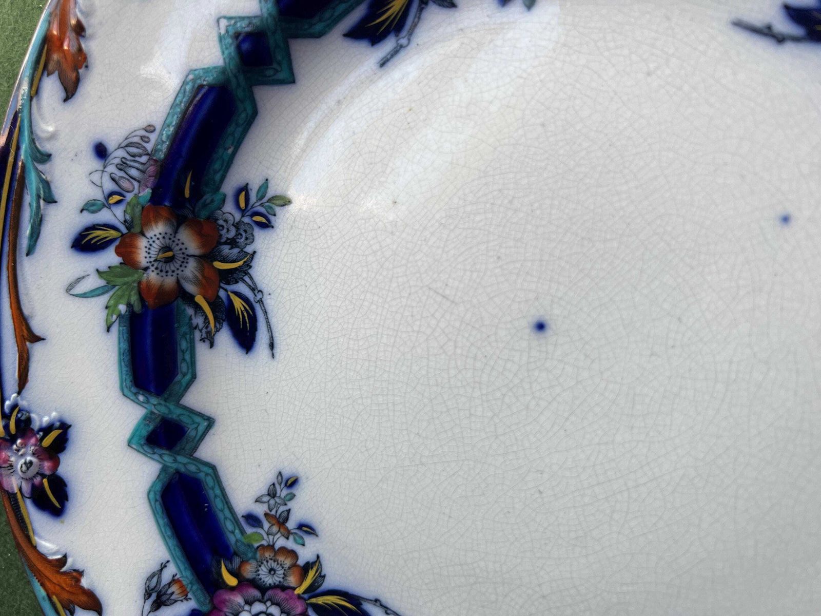 Antique Dinner Serving Plate. Floral Design Blue Red Flowers Victorian Pre 1883 Stamped Kinburn Attributed To Wh Brownfield And Sons.H photo furniture