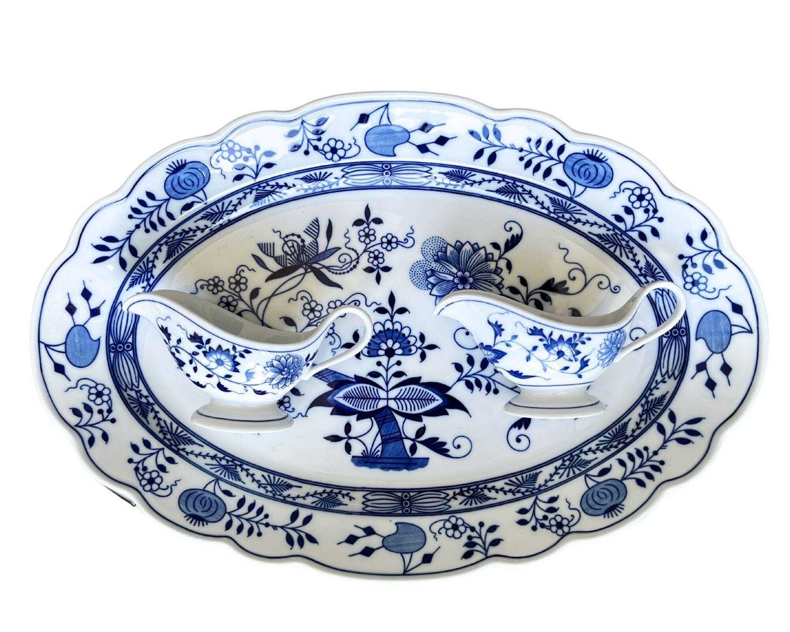 Antique Fish Platter | Blue Onion Xxl | 2 Sauce Bowls | Hutschenreuther Selb