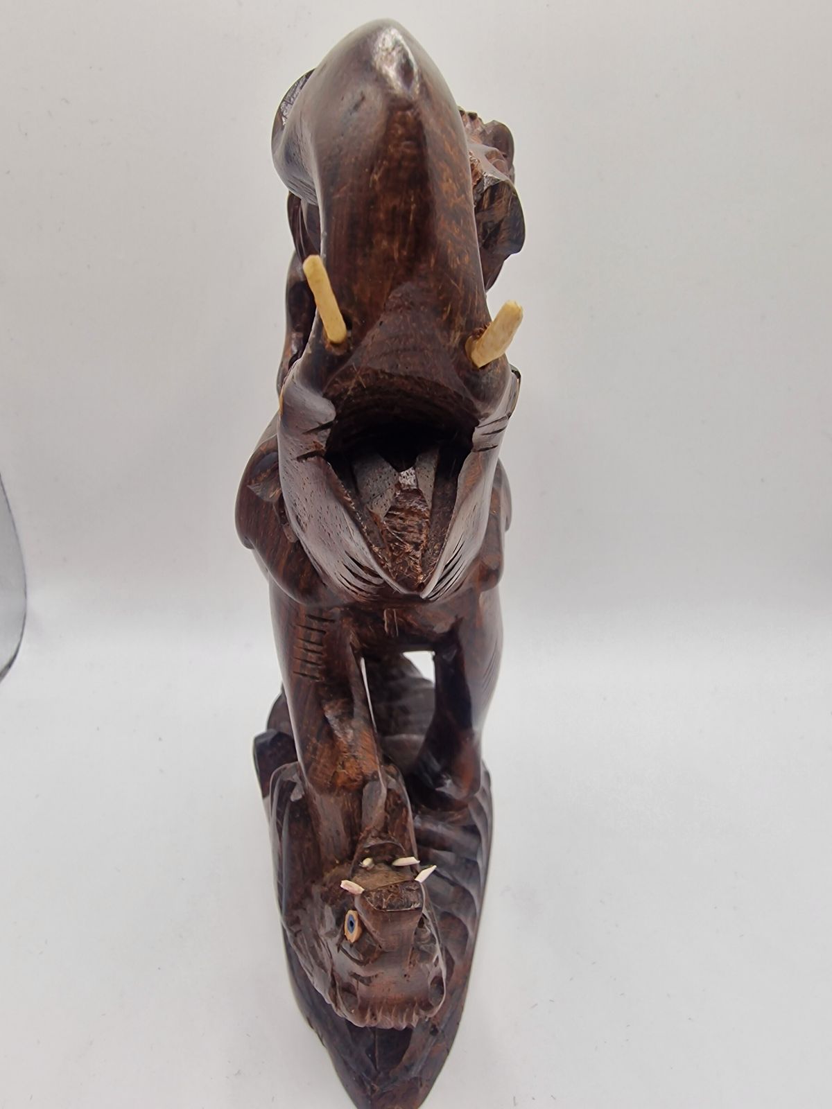 Mid Century Hand Carved Rosewood Elephant & Lion Sculpture – Made In India photo for sale