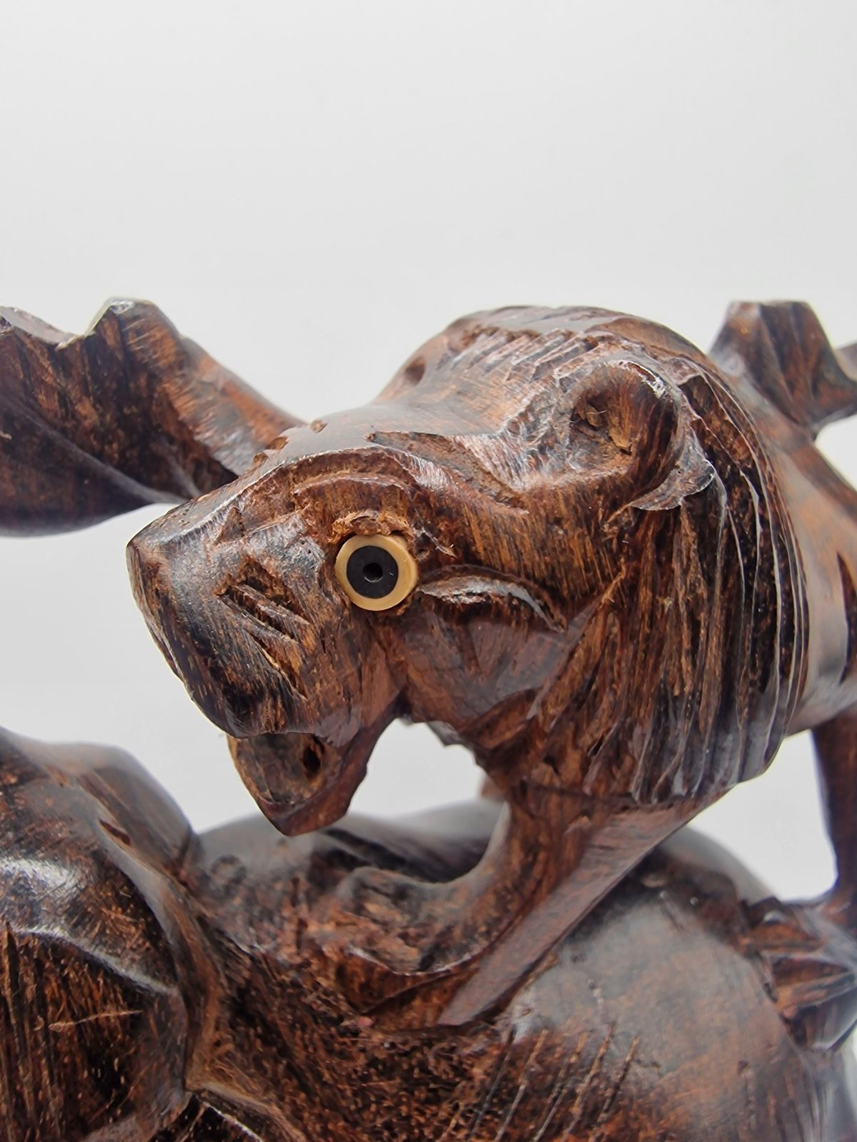 Mid Century Hand Carved Rosewood Elephant & Lion Sculpture – Made In India photo buy
