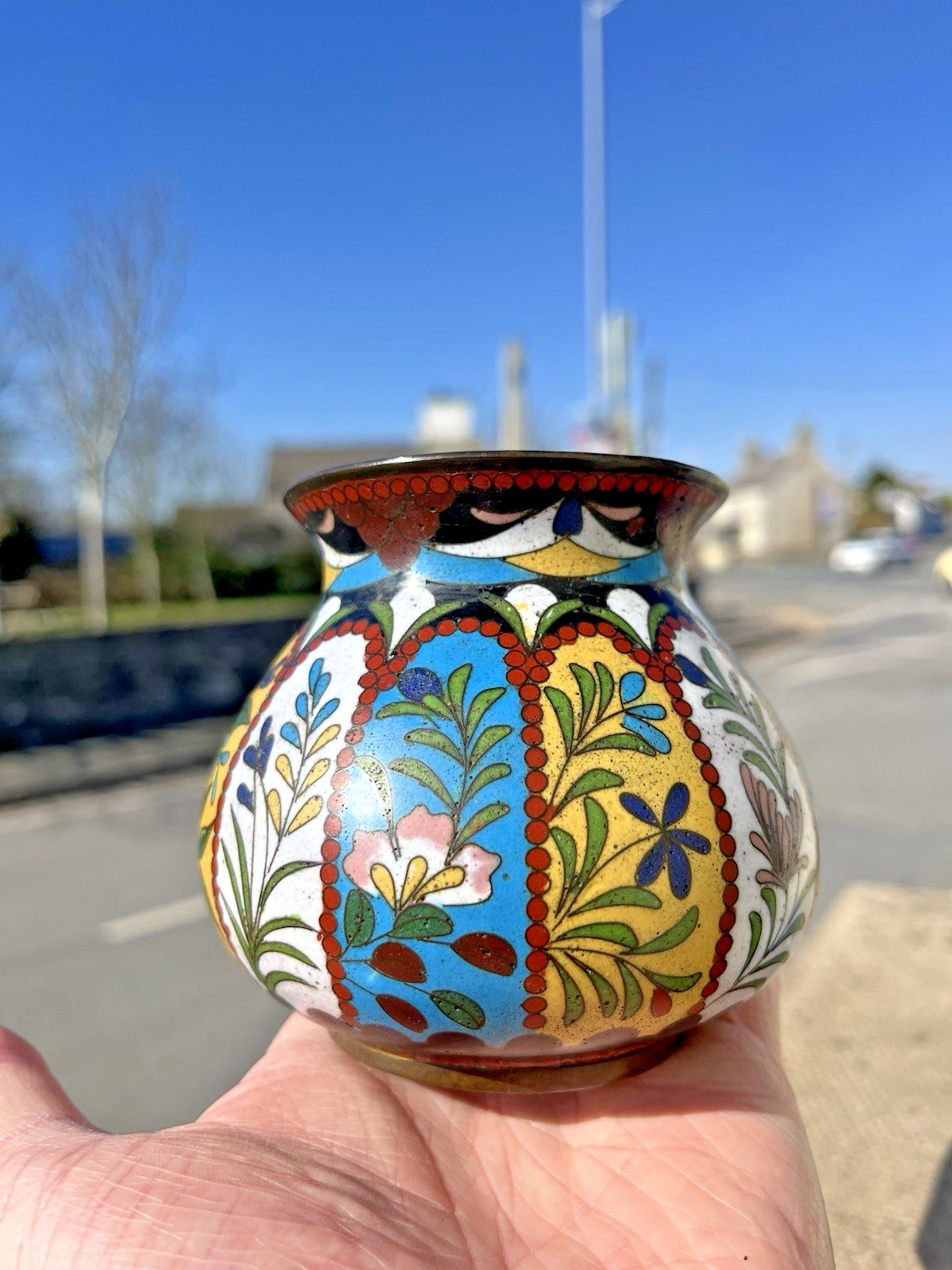 Beautiful Antique Art Deco Cloisonne Enamel Floral Squat Vase Japanese Chinese