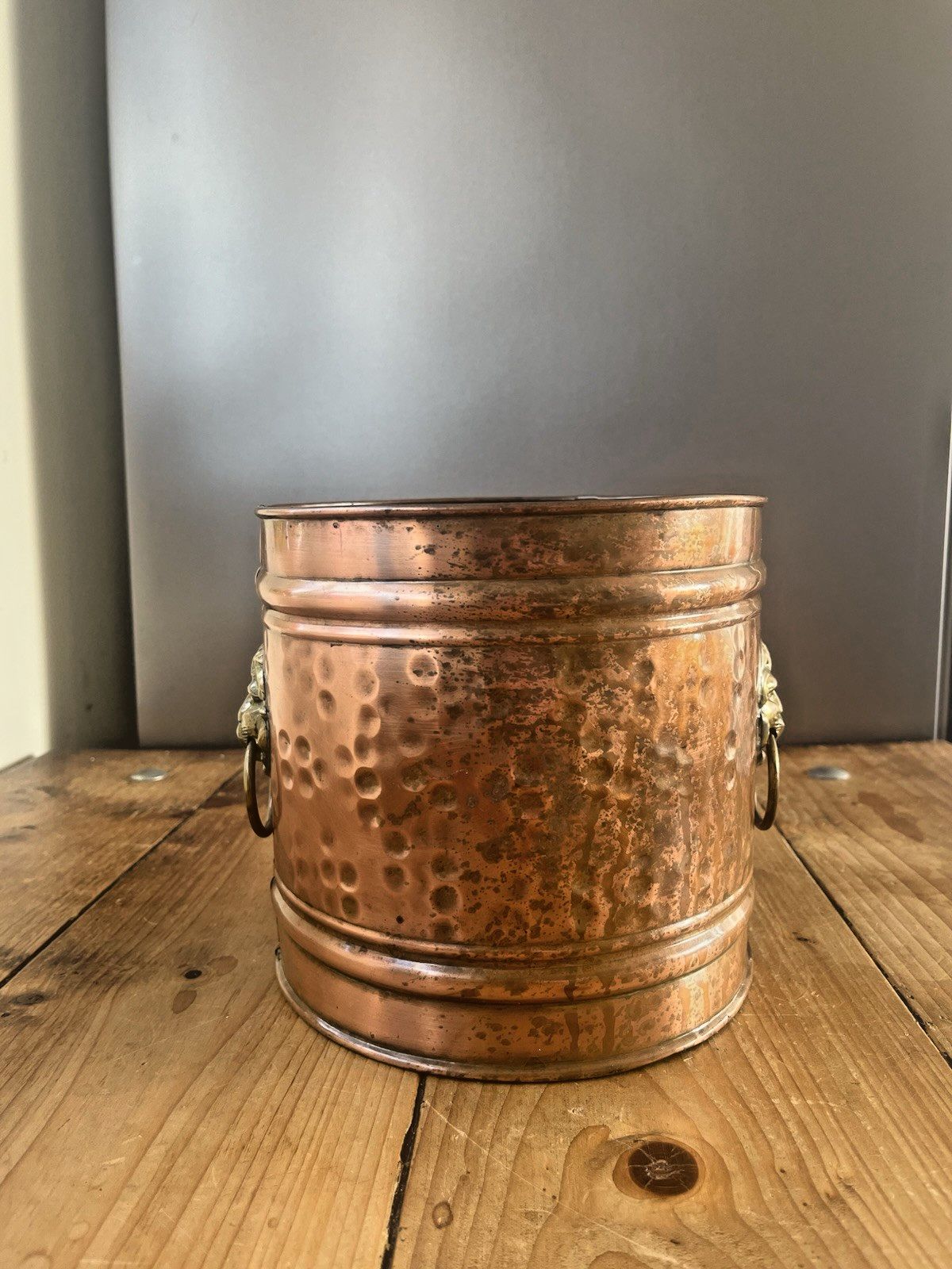 photo for sale Vintage Copper Planter Plant Pot Lions Head Brass Handles Champagne Ice Bucket