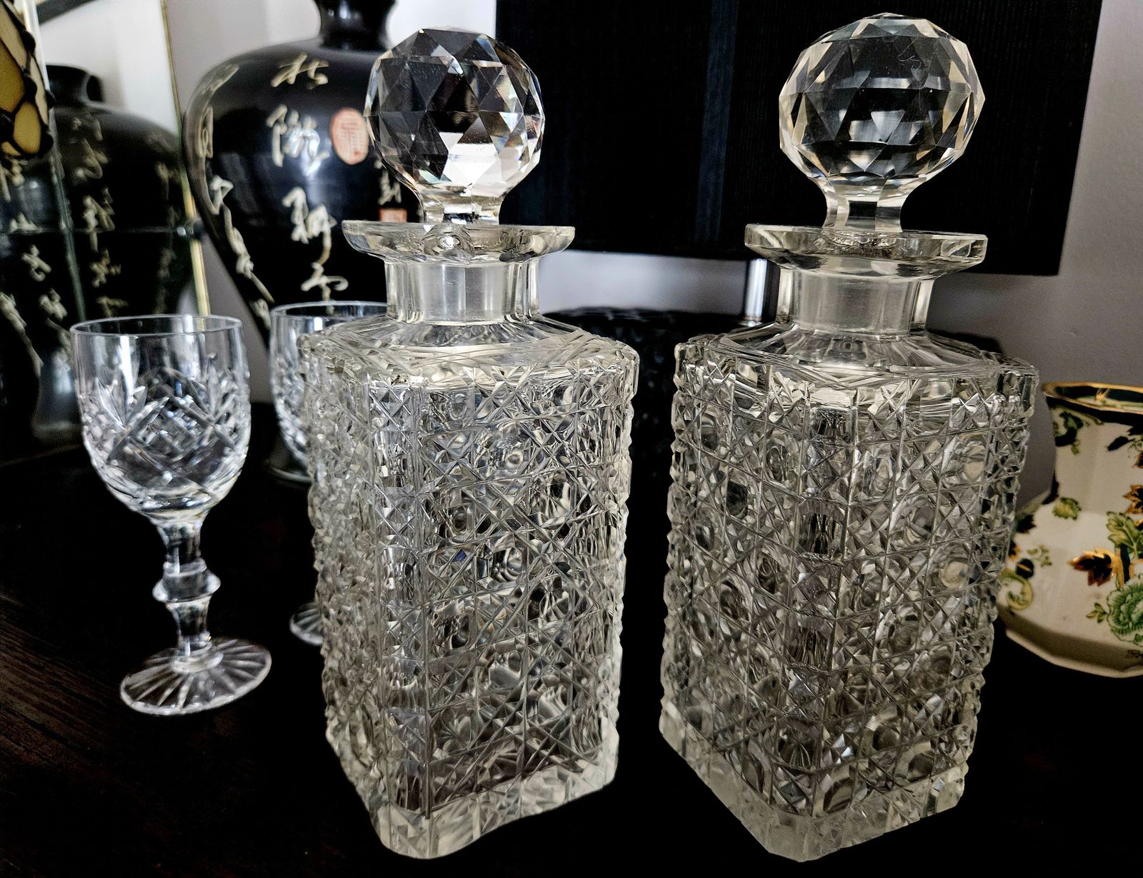 Rare And Exquisite Pair Of Ornate, Antique Crystal Decanters With Ball Stopper