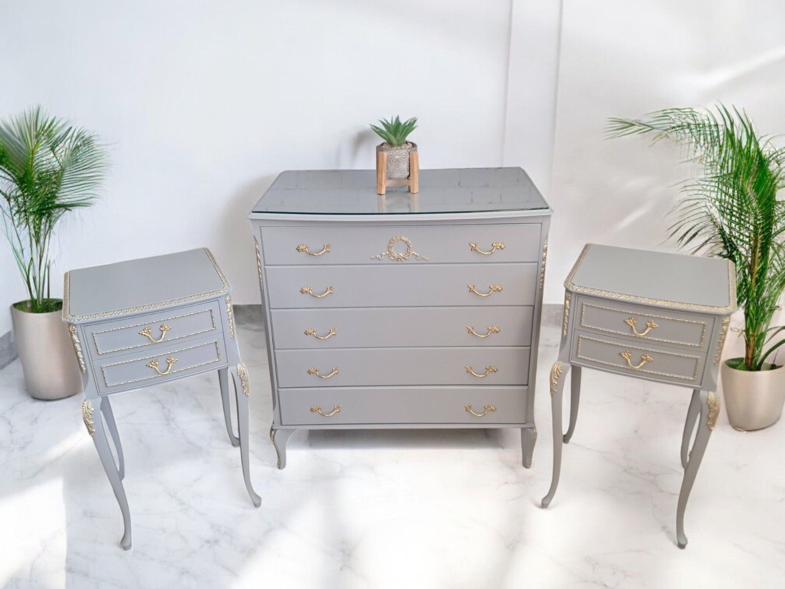 French Louis XV Chest Of Drawers + Pair Bedside Cabinets Grey Gold Painted