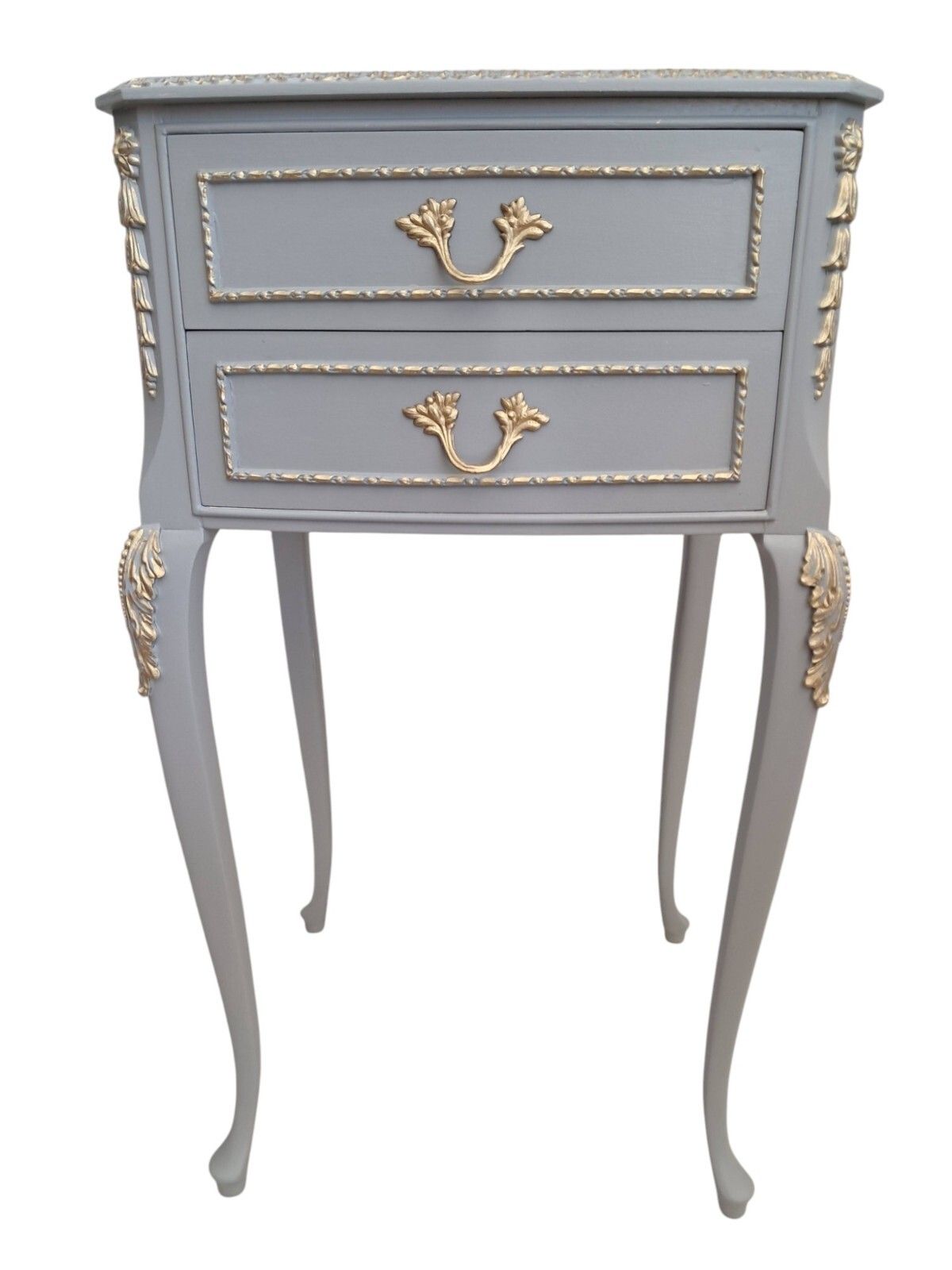 Furniture French Louis XV Chest Of Drawers + Pair Bedside Cabinets Grey Gold Painted photo