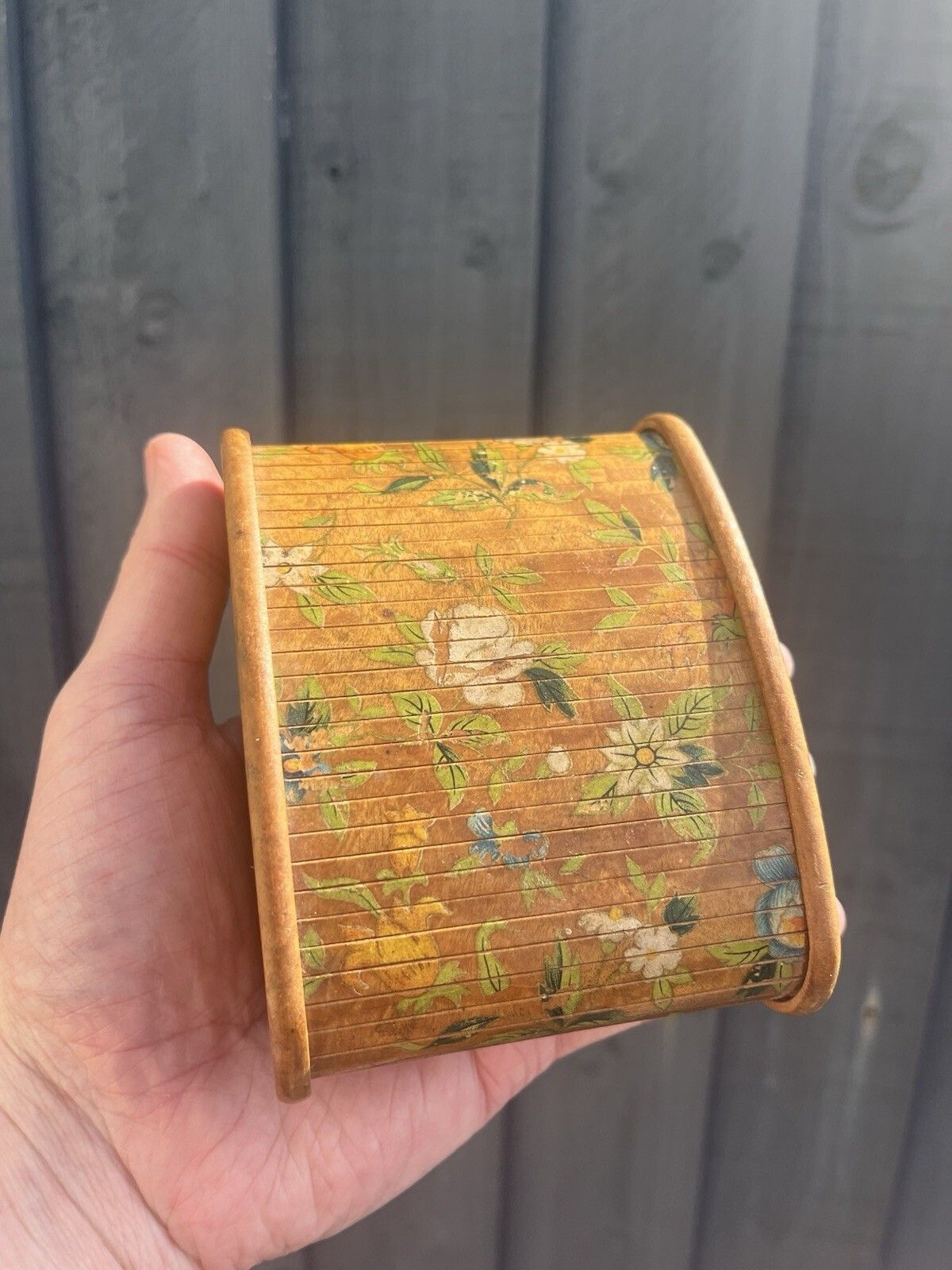 Antique Art Deco Wooden Tambour Rolltop Handpainted Floral Sliding Lid Box Treen photo furniture