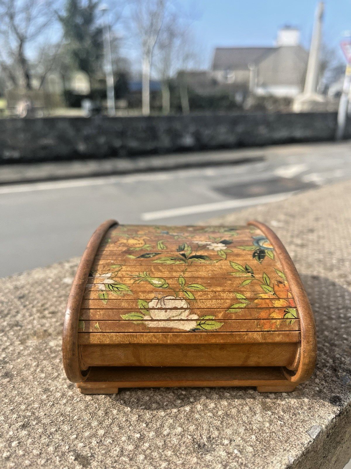 photo furniture Antique Art Deco Wooden Tambour Rolltop Handpainted Floral Sliding Lid Box Treen