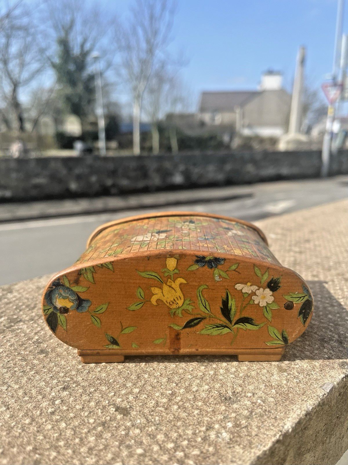 photo buy Antique Art Deco Wooden Tambour Rolltop Handpainted Floral Sliding Lid Box Treen