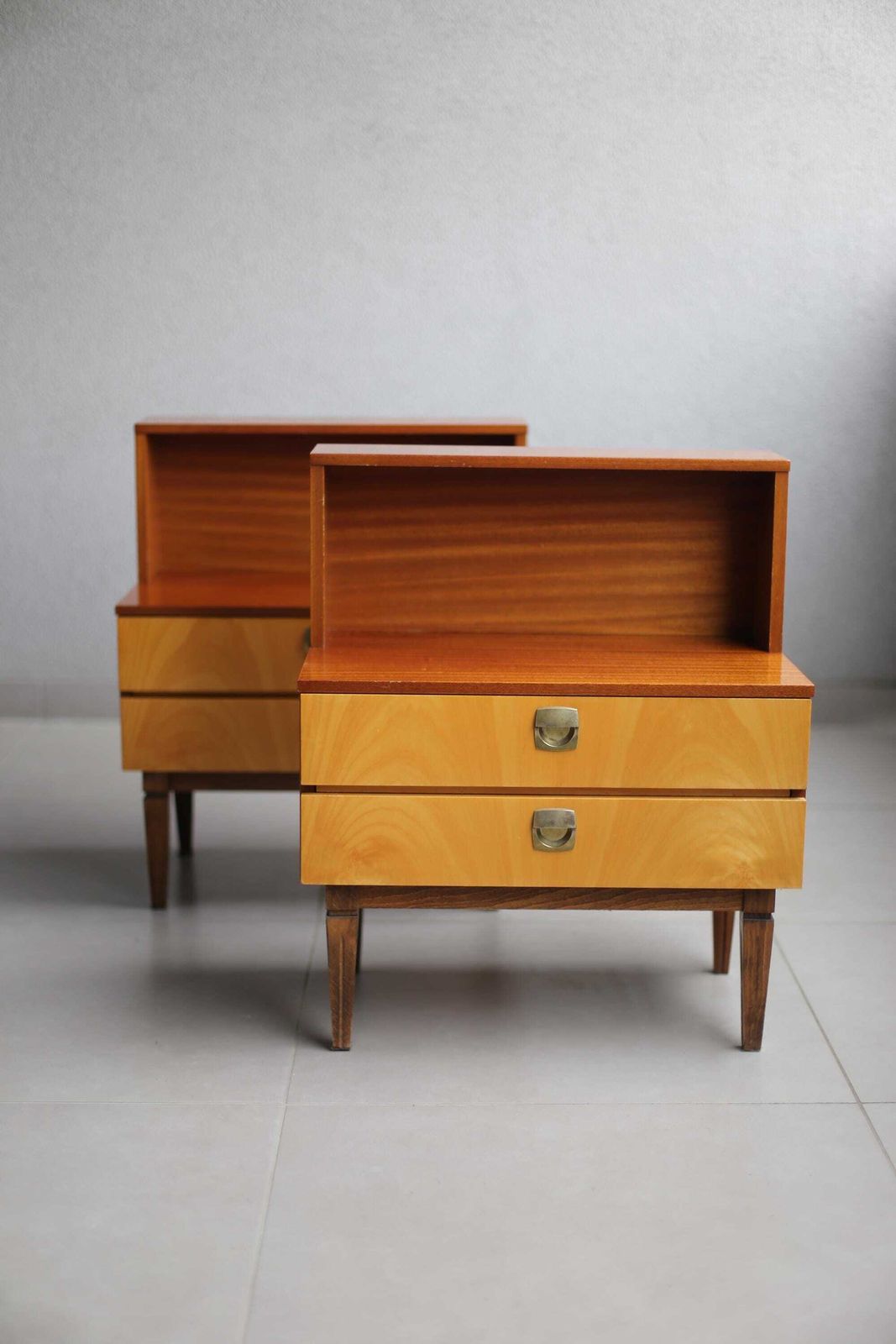 Pair Of Vintage Meblo Yugoslavia Bedside Cabinets / Pair With Drawers And Detachable Top – Maple & Mahogany Veneer / Mid Century Design photo furniture