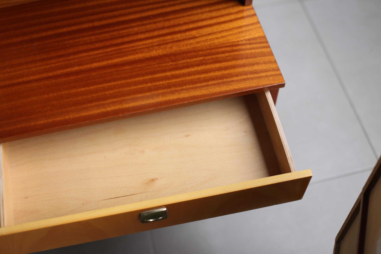 Pair Of Vintage Meblo Yugoslavia Bedside Cabinets / Pair With Drawers And Detachable Top – Maple & Mahogany Veneer / Mid Century Design photo vintage