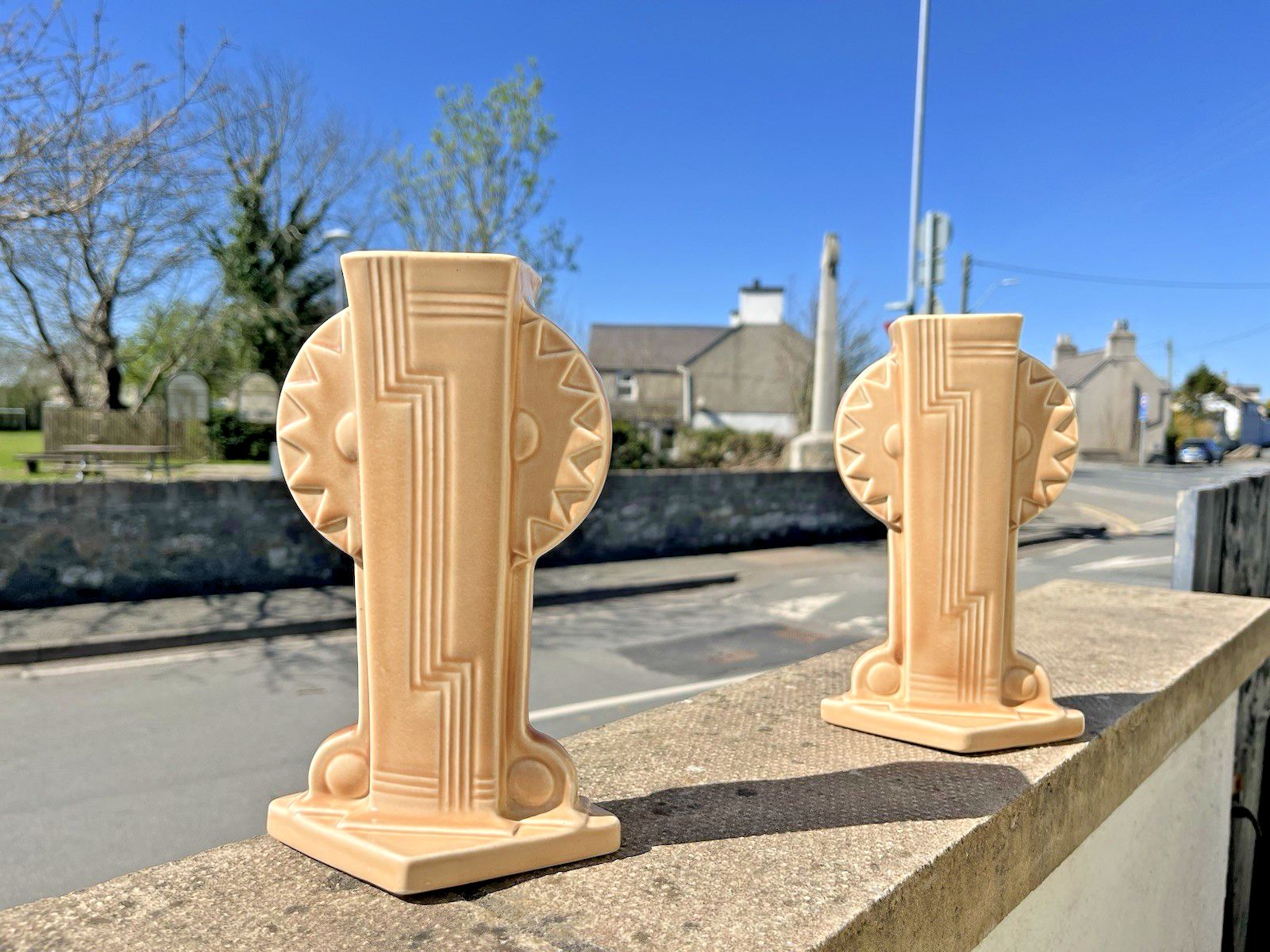 Stunning Rare Pair Of Art Deco Burgess & Leigh Burleigh Ware Totem Mantel Vases photo for sale