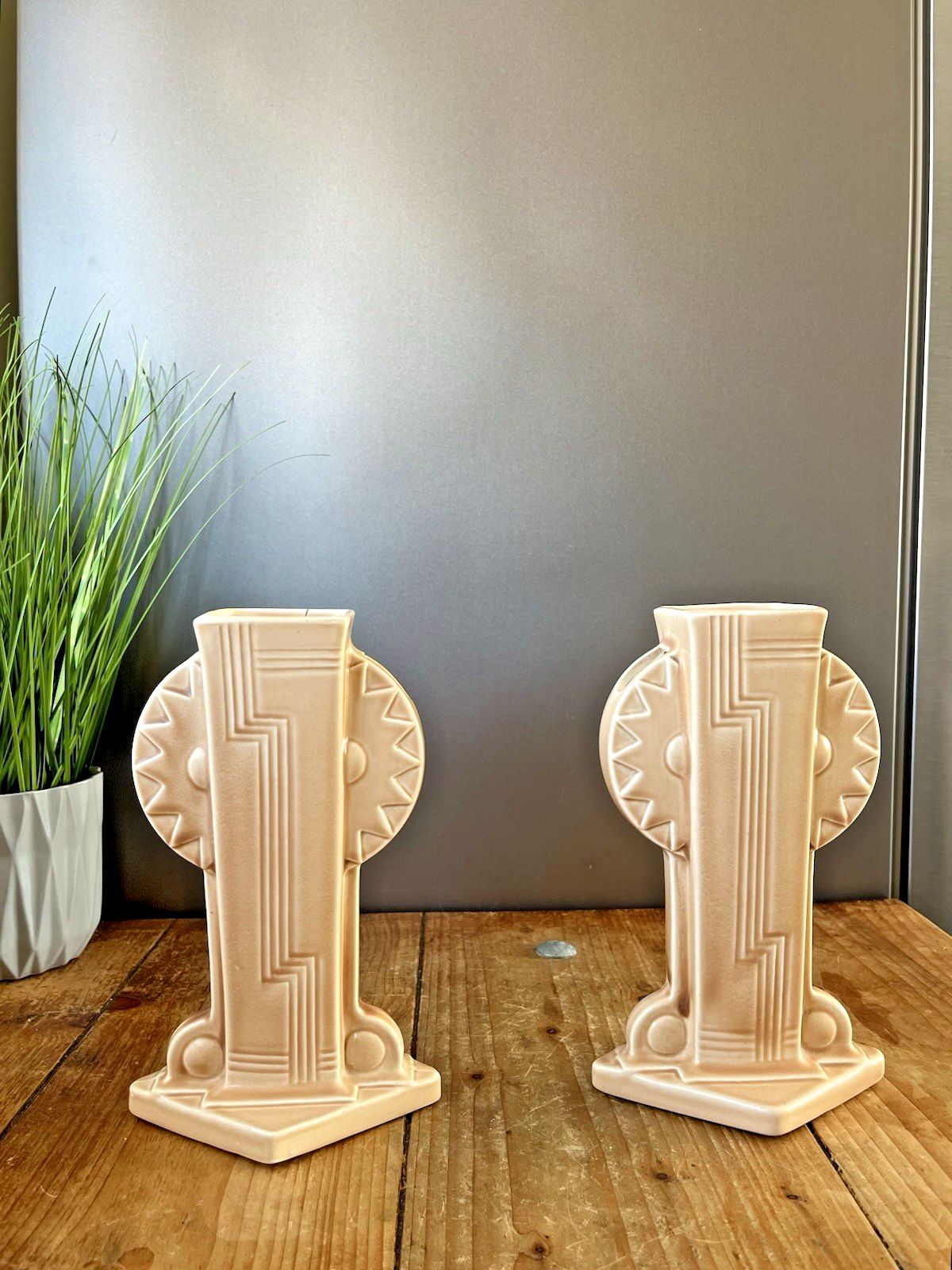 Stunning Rare Pair Of Art Deco Burgess & Leigh Burleigh Ware Totem Mantel Vases photo vinterior