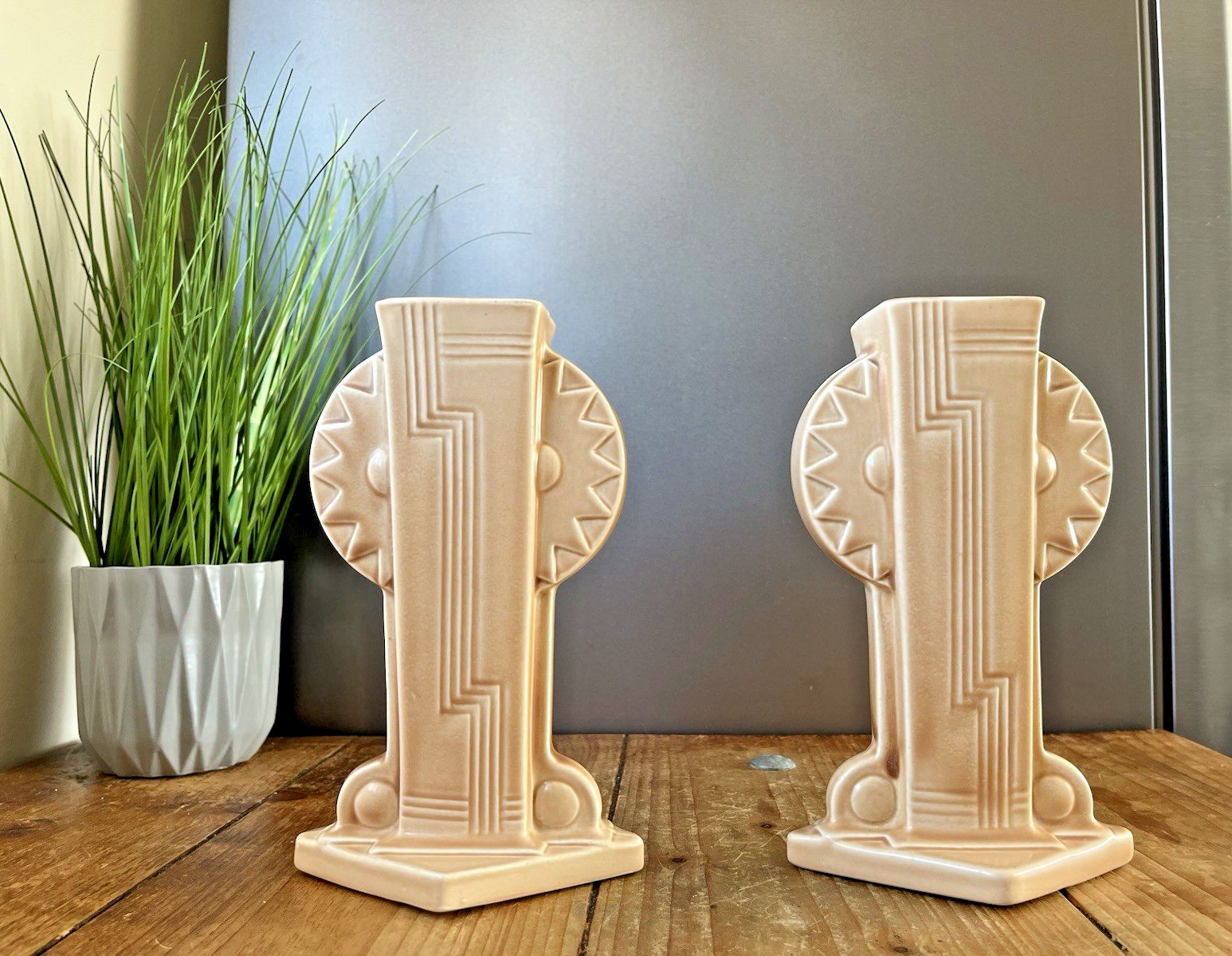 Stunning Rare Pair Of Art Deco Burgess & Leigh Burleigh Ware Totem Mantel Vases photo vintage