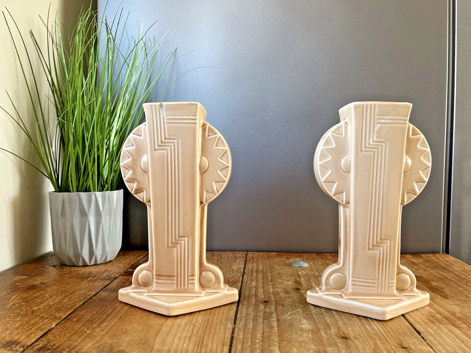 photo for sale Stunning Rare Pair Of Art Deco Burgess & Leigh Burleigh Ware Totem Mantel Vases