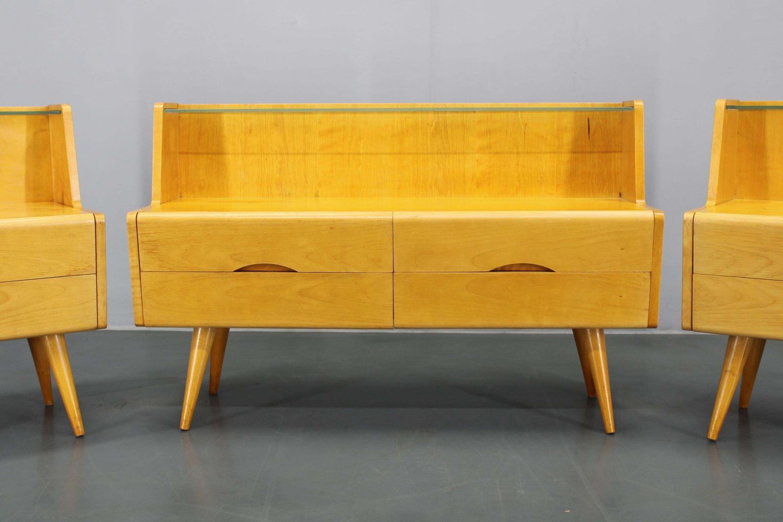 1960s Set Of Night Stands And Chest Of Drawers With Glass Shelf, Czechoslovakia photo 1001.0