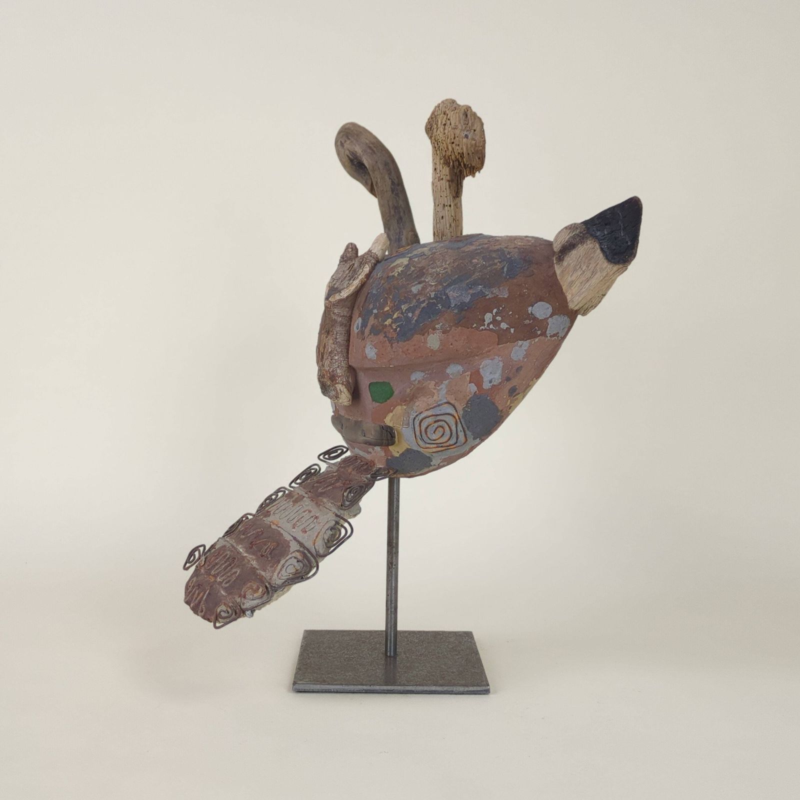 photo furniture Ntage Abstract Mixed Media Mask Sculpture On Metal Stand   Unique Artistic Home Decor