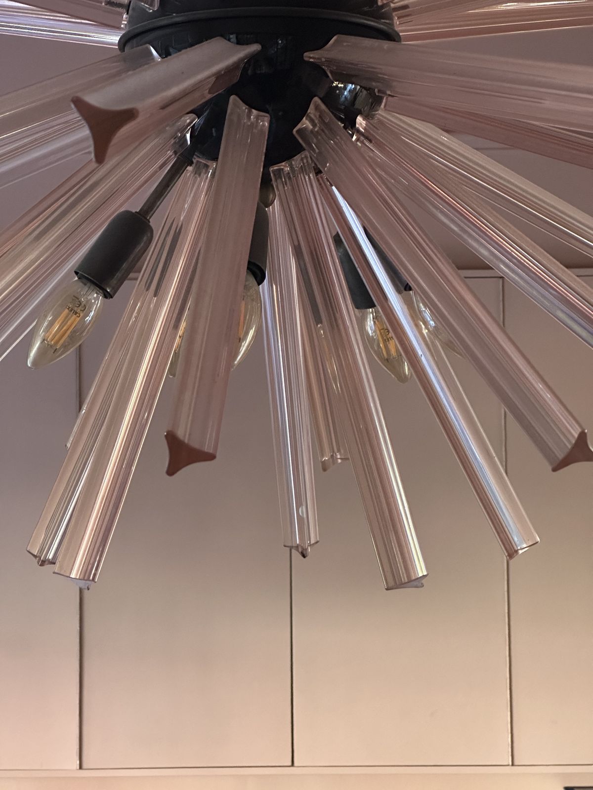 Italian Sputnik Chandelier With 50 Pink Glass Prisms photo for sale