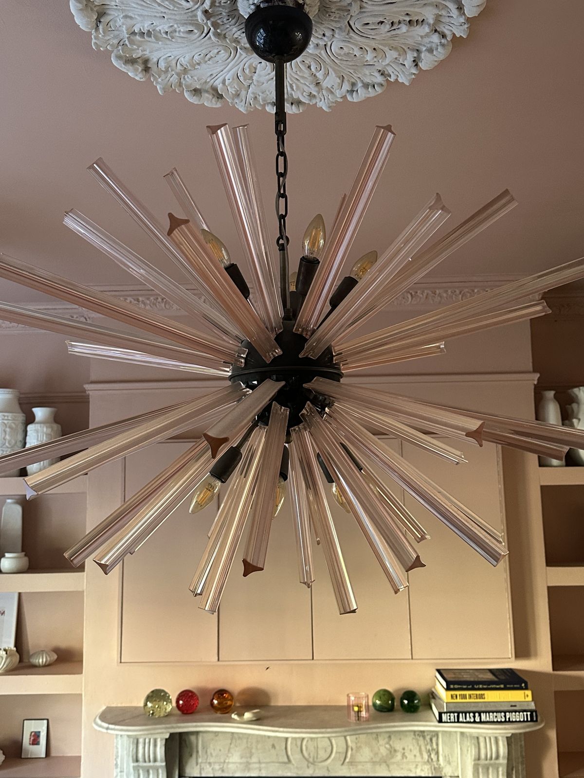 Italian Sputnik Chandelier With 50 Pink Glass Prisms photo vinterior