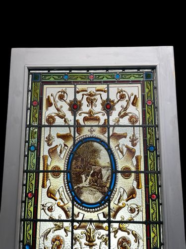 Rare Victorian Hand Painted Stained Glass Front Door Antique Reclaimed Refurb photo furniture