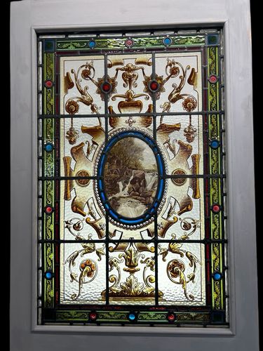 Rare Victorian Hand Painted Stained Glass Front Door Antique Reclaimed Refurb photo for sale