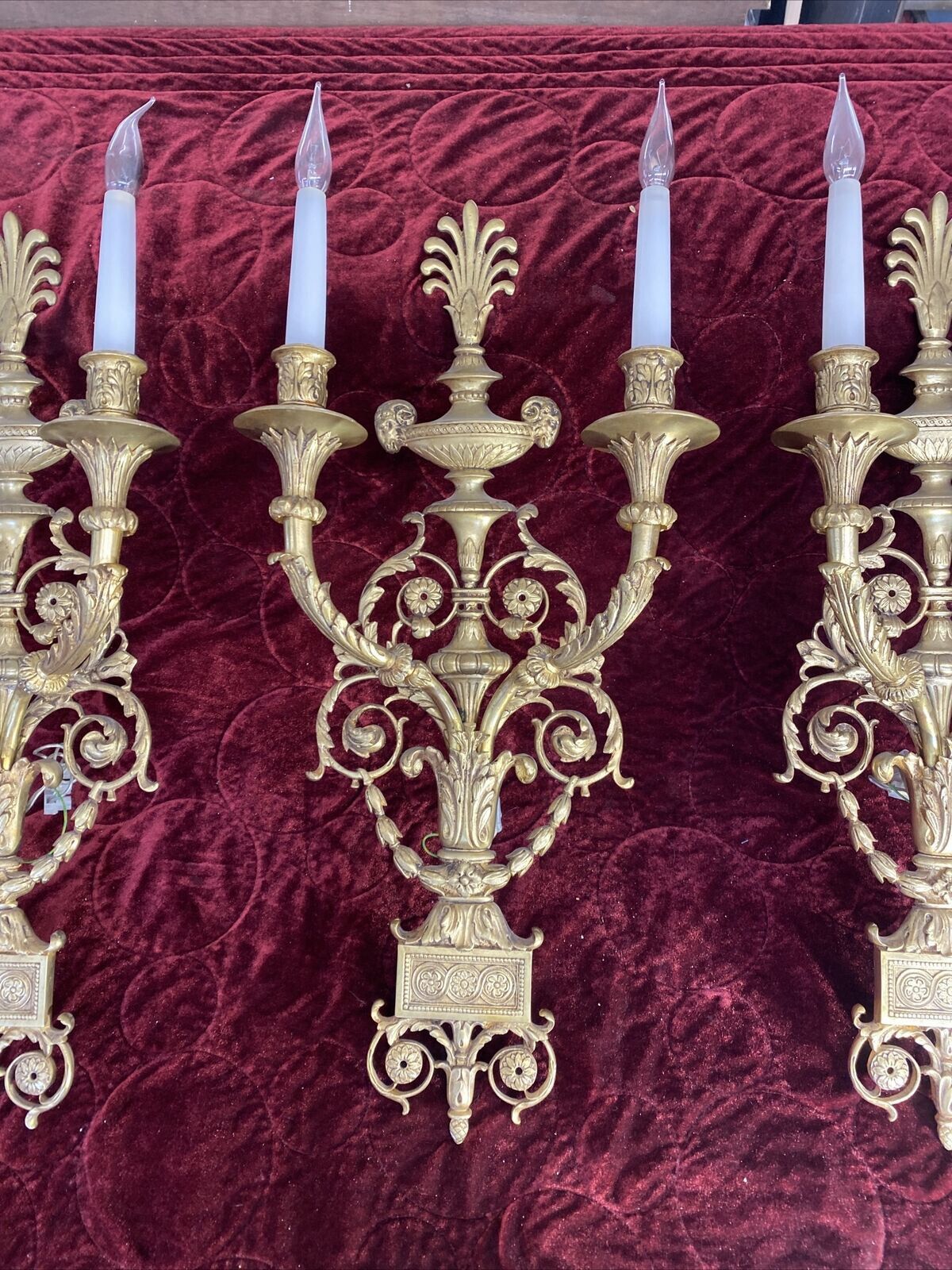 Set 3 Large Antique Gold Gilt Brass Wall Sconces Lights Louis XV 19th Century photo for sale