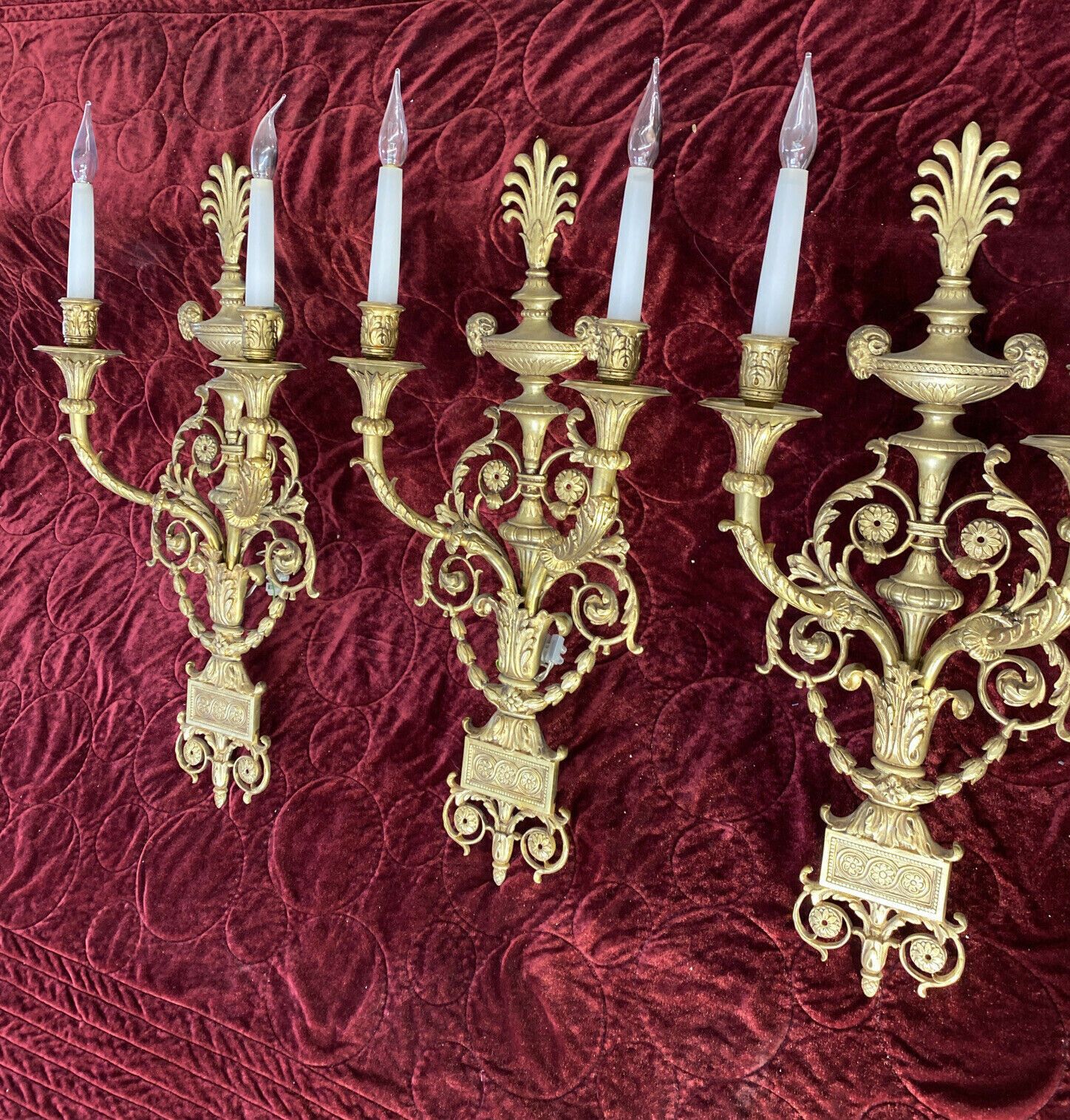 Lighting Set 3 Large Antique Gold Gilt Brass Wall Sconces Lights Louis XV 19th Century photo